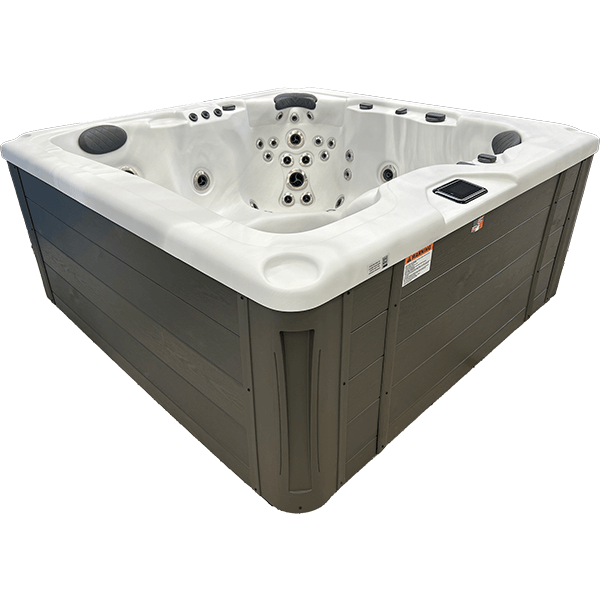 White-and-gray square hot tub with built-in seats and jets, shown against a plain white background