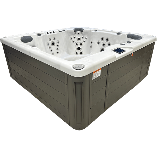Brown outdoor hot tub with white interior and multiple jets, viewed at an angle.