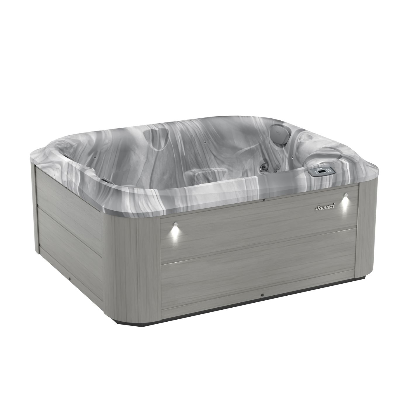 Gray square hot tub with built-in seats and a light-patterned cover on top