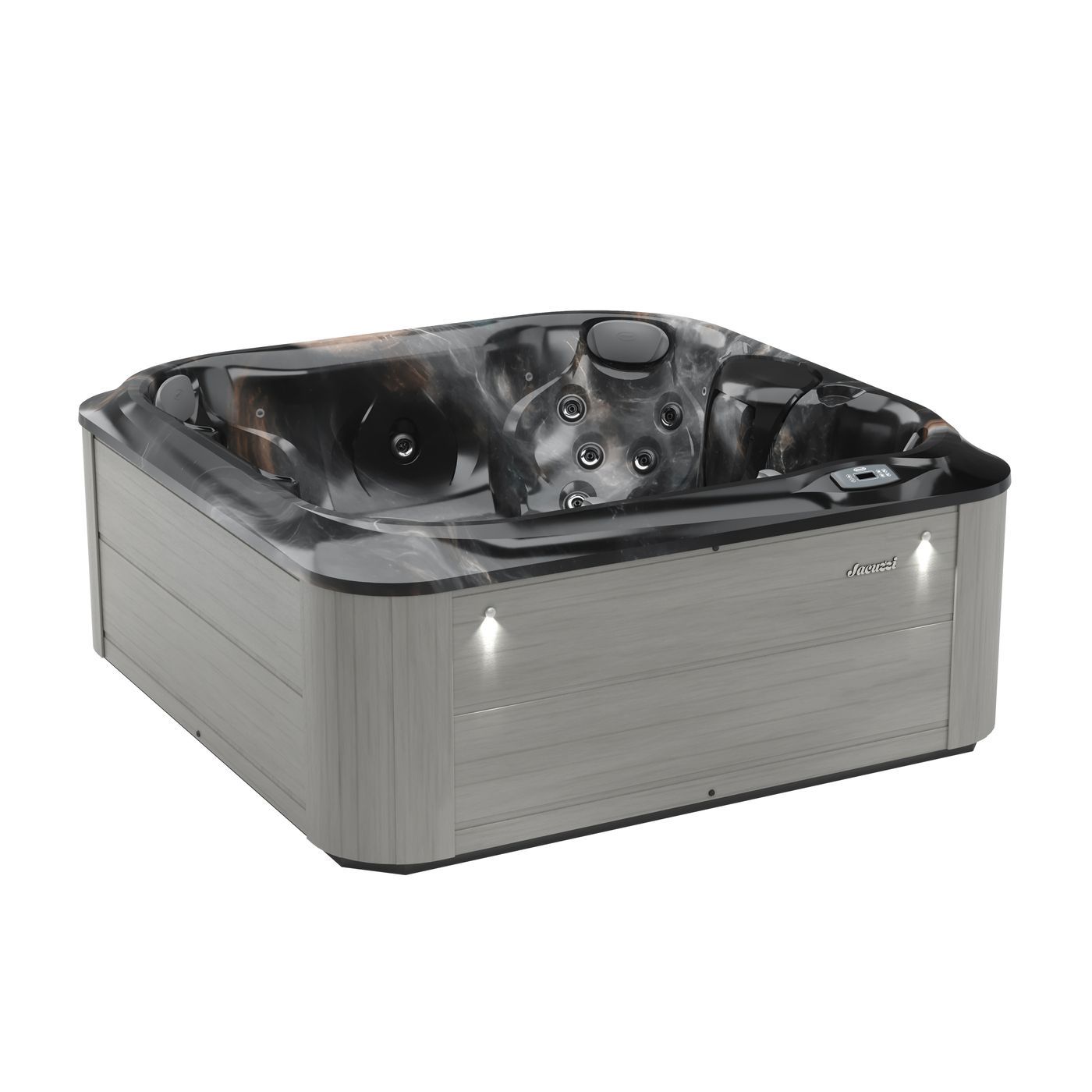 Gray square hot tub with black interior and built-in jets, isolated on a white background