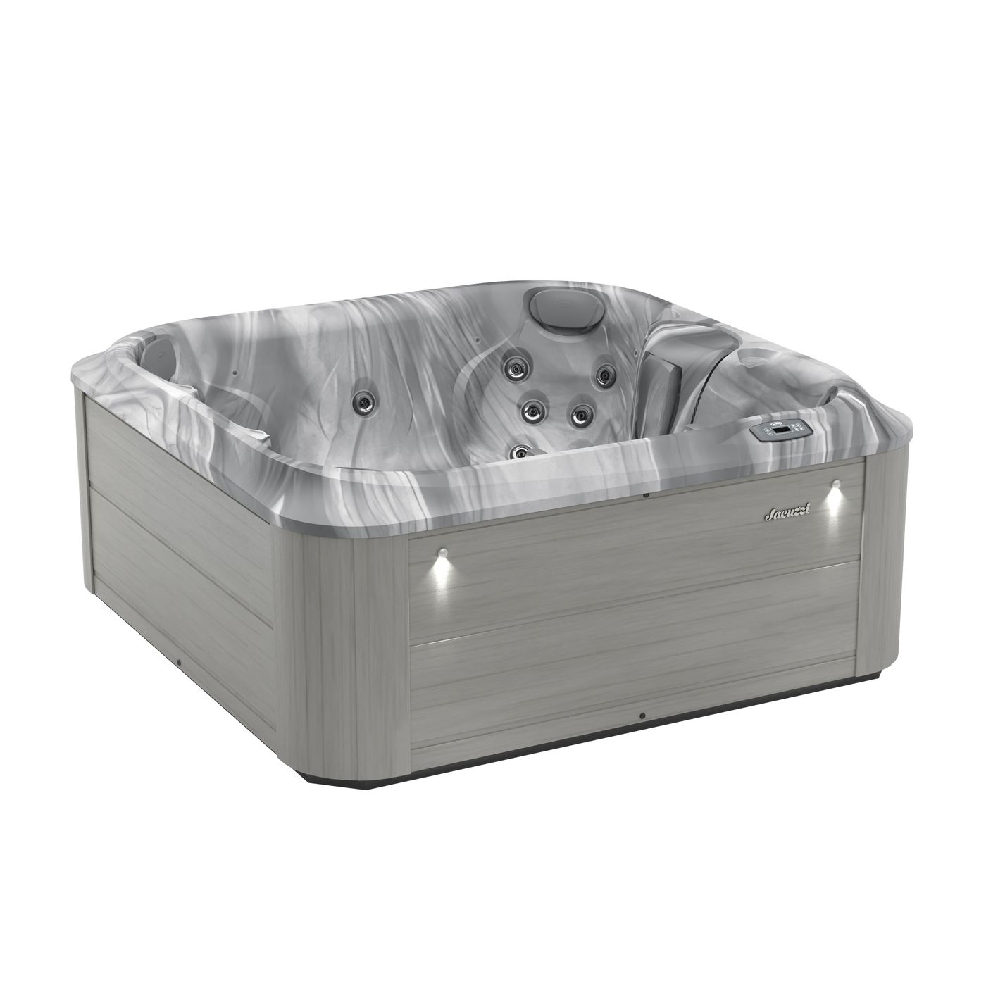 Square gray hot tub with marbled interior and built-in jets on a white background