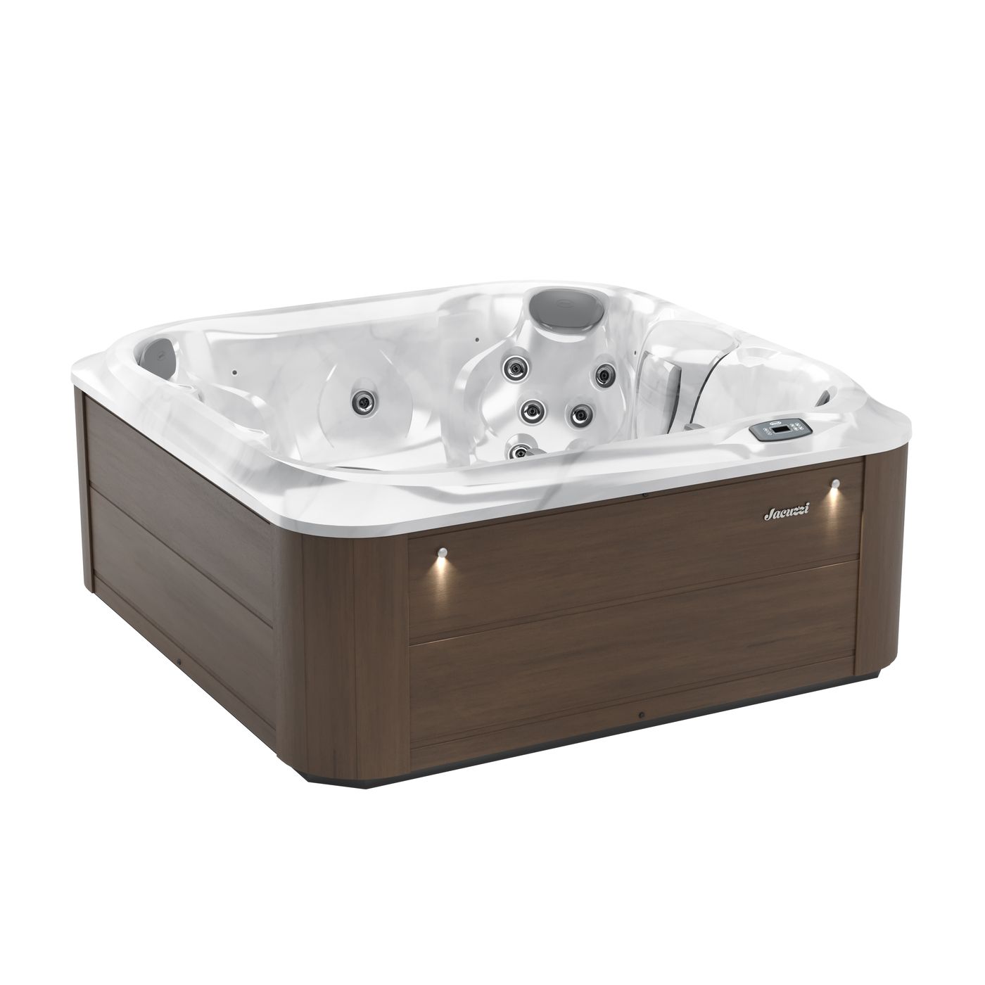 White and brown corner hot tub with built-in jets on a white background