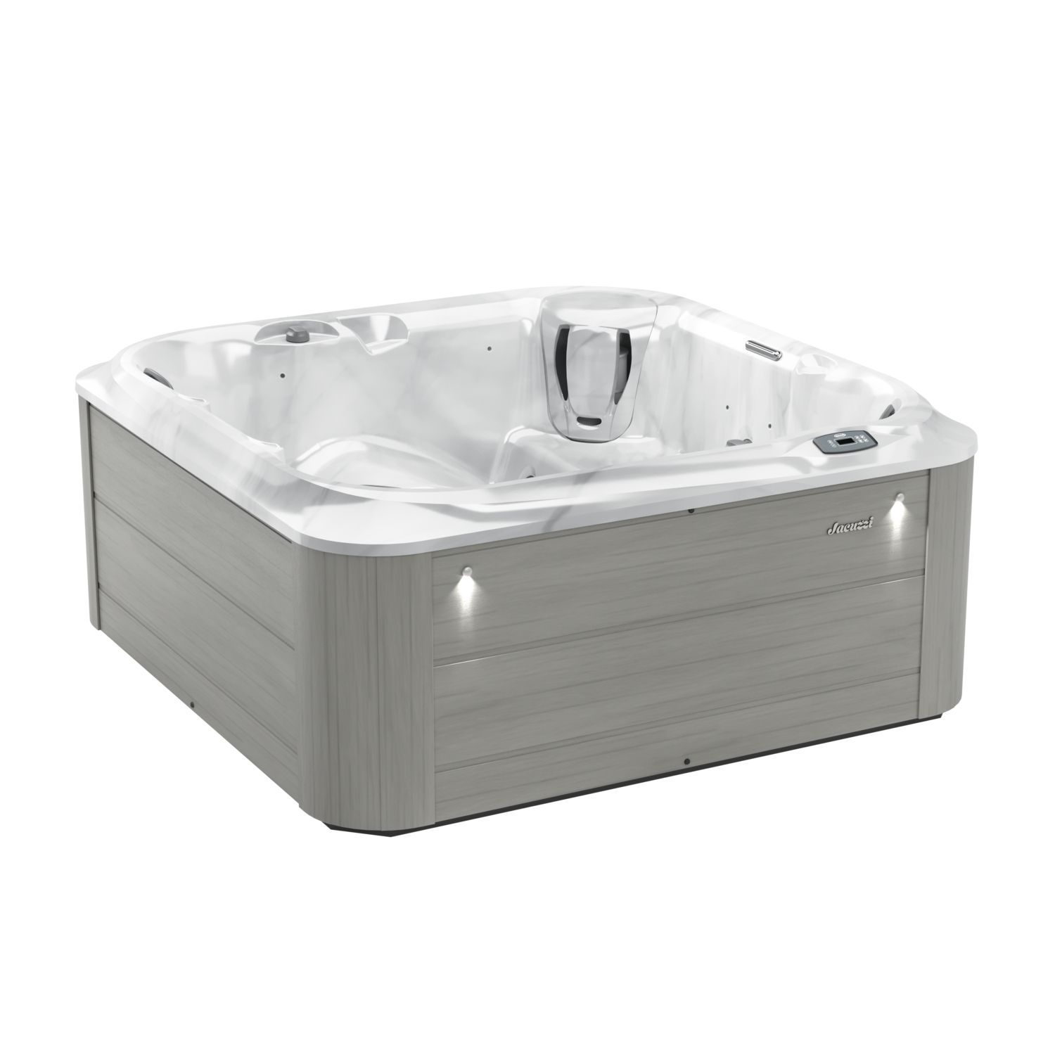 Modern gray-and-white corner hot tub with built-in seating and chrome jets on a white background