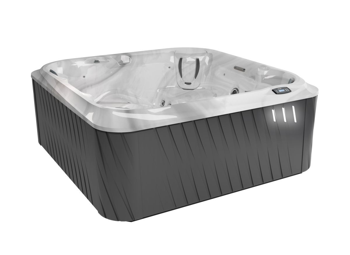 White and gray square outdoor hot tub with jets and built-in seats
