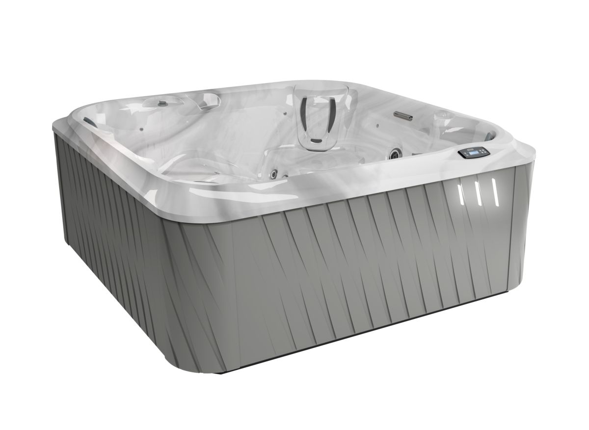 White outdoor hot tub with gray siding, shown against a plain background