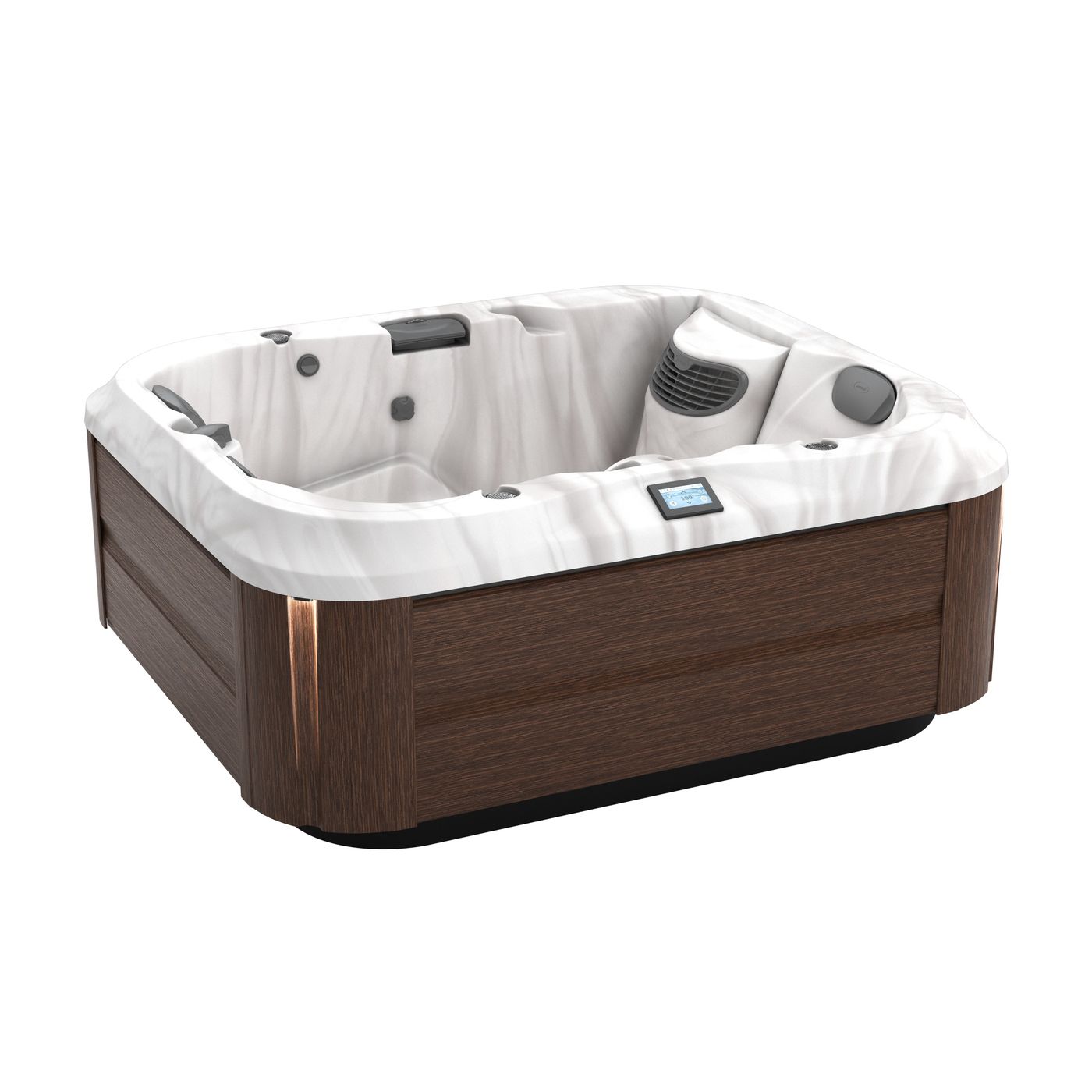Brown wicker hot tub with white interior and built-in headrests, isolated on a white background