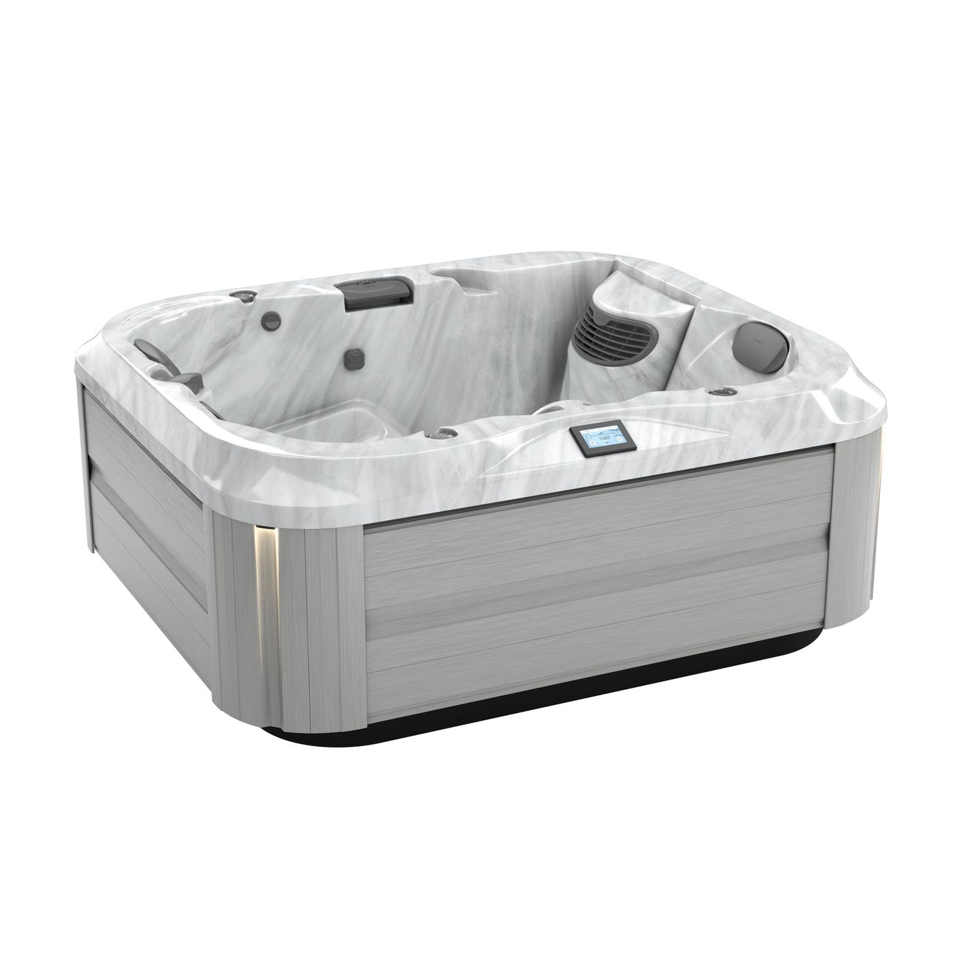 Inflatable gray-and-white hot tub with built-in control panel and headrests