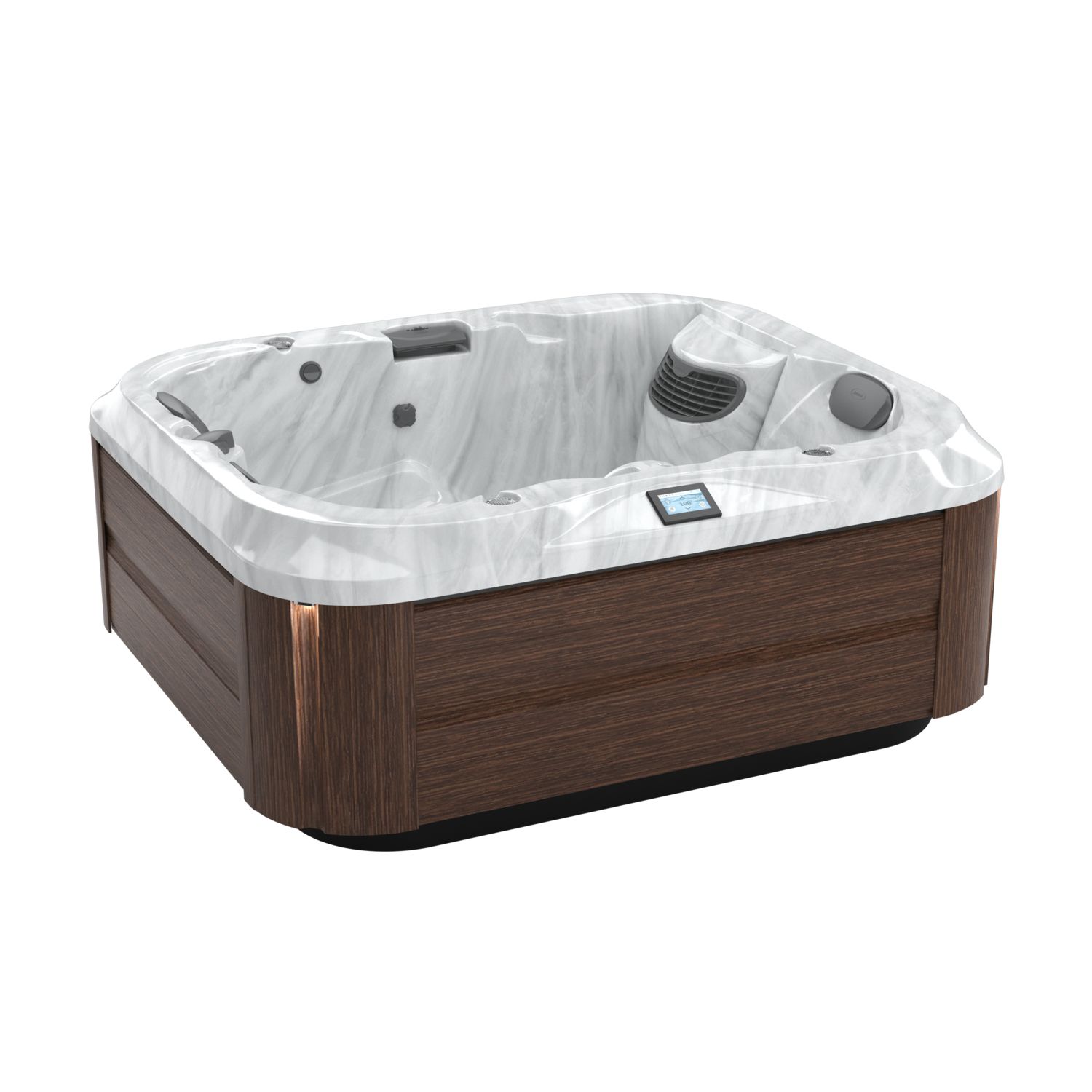 Brown outdoor hot tub with white interior and built-in control panel on a white background