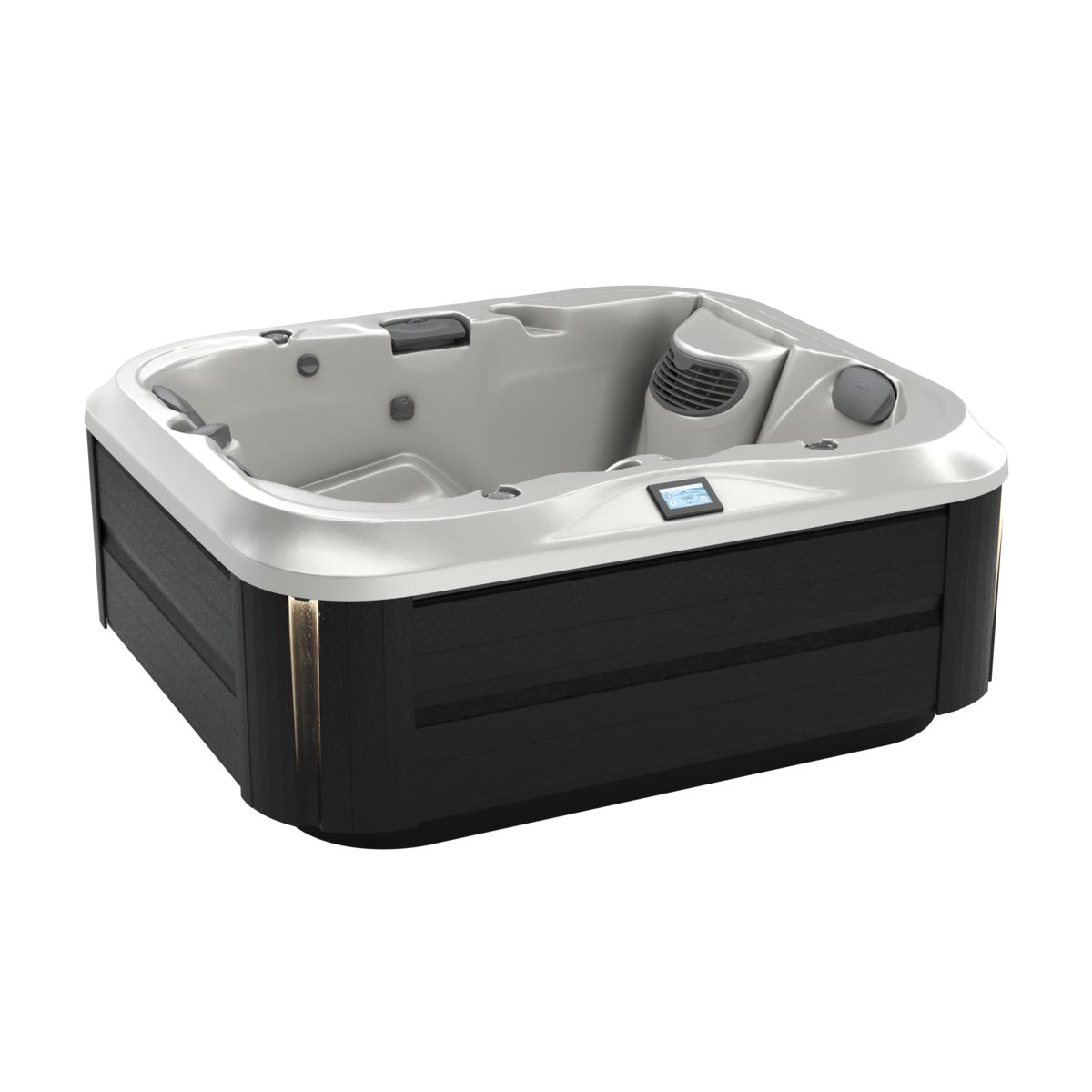 Black and white square hot tub with built-in seats and control panel on a white background
