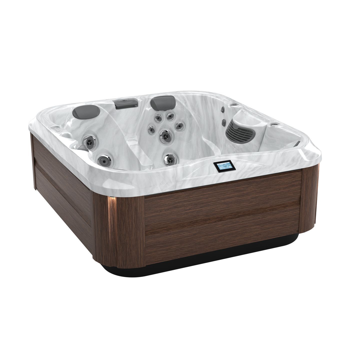 Modern brown wood-paneled hot tub with white interior and multiple jets, isolated on white background