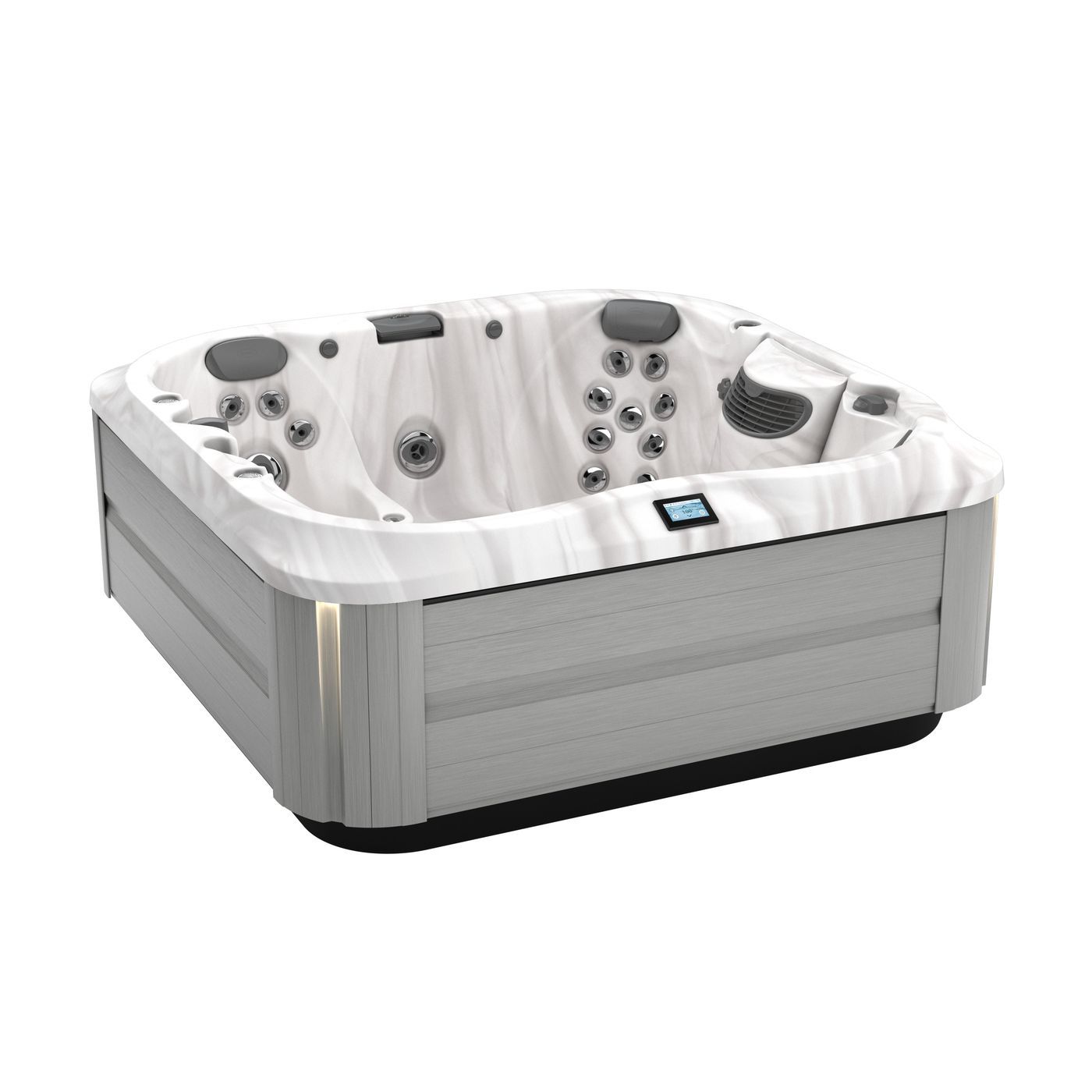 White square hot tub with gray exterior and multiple jets, angled on a plain background