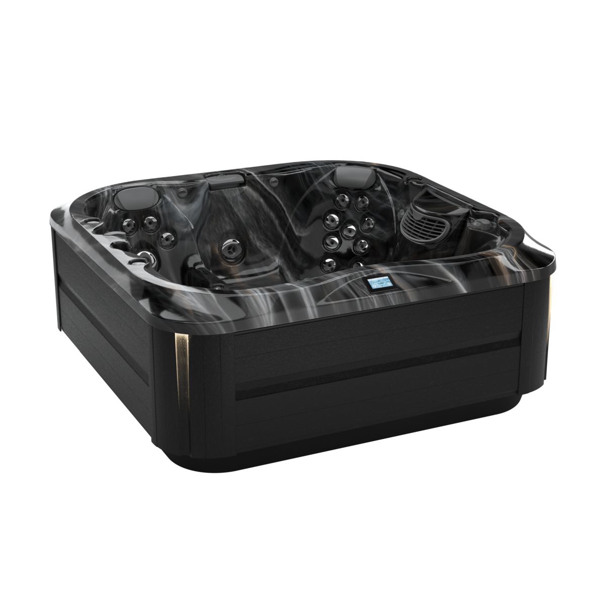 Black outdoor hot tub with gray interior and multiple jets on a white background