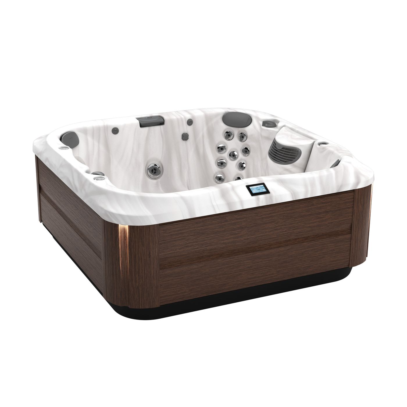 Brown and white inflatable hot tub with jets and built-in control panel