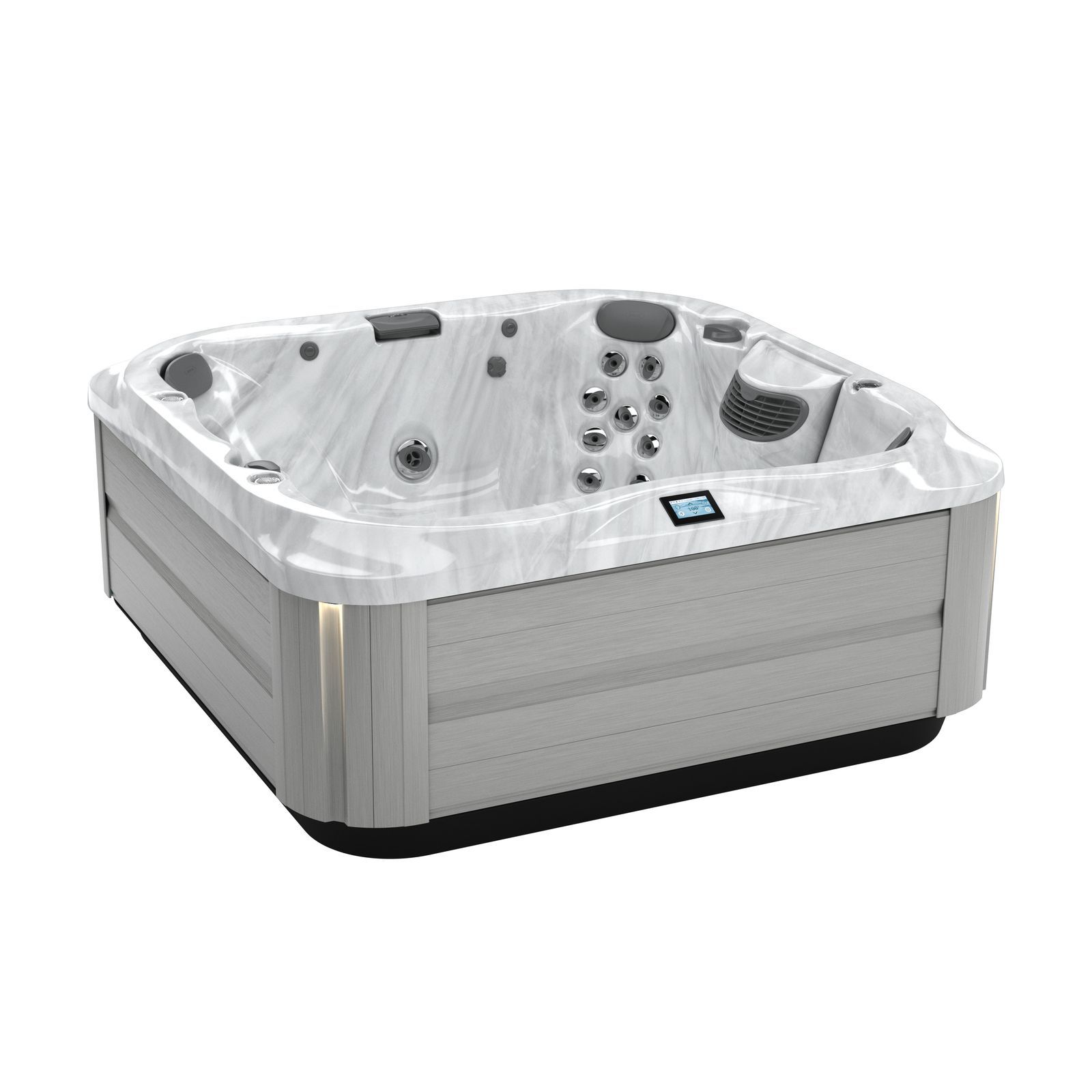 White and gray outdoor hot tub with jet seats and clear cover panels
