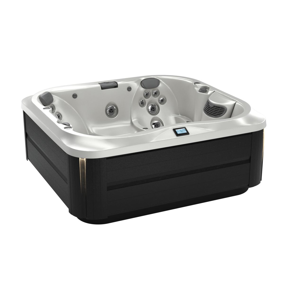 Black-and-white corner hot tub with multiple seats, jets, and control panel on a white background