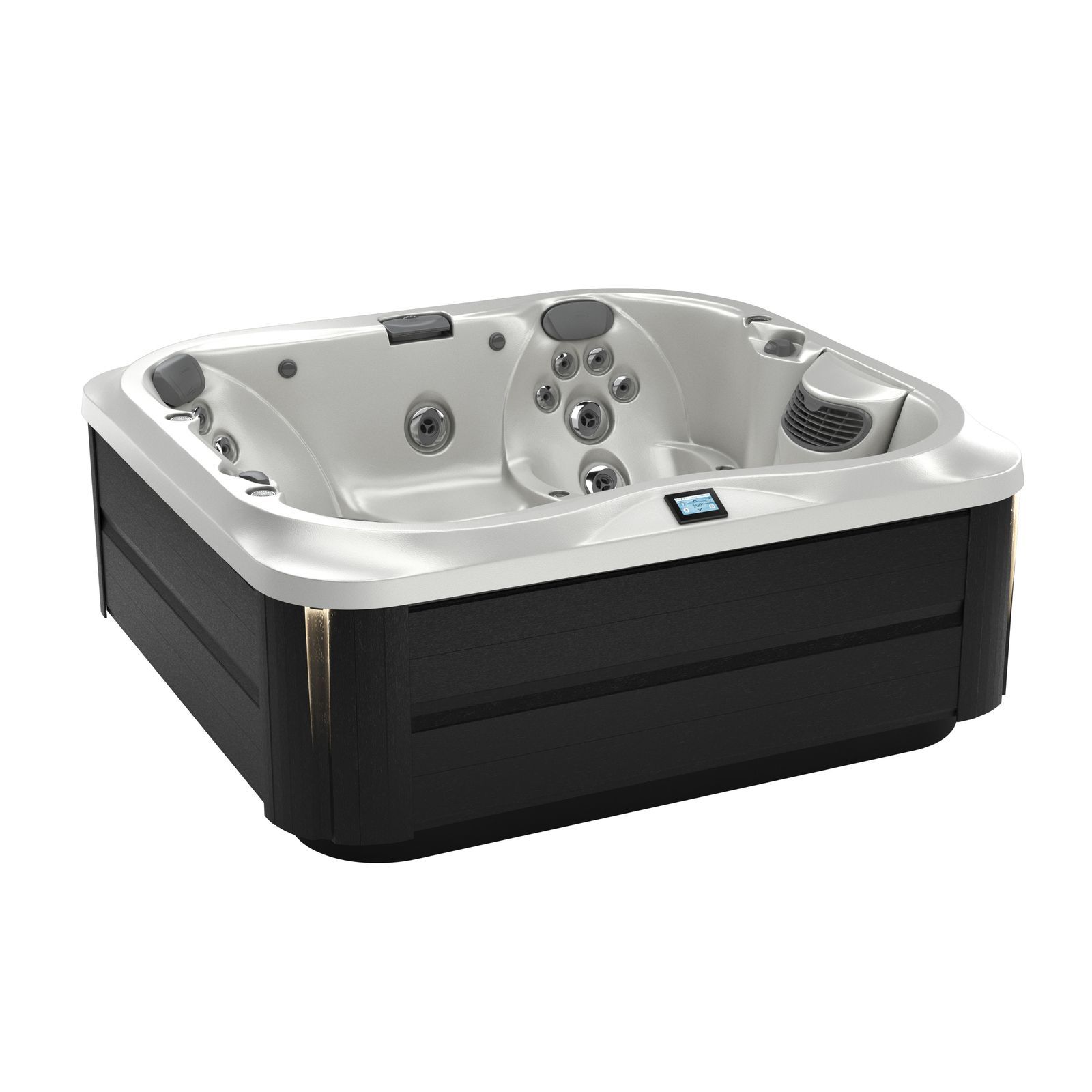 Black and silver outdoor hot tub with built-in controls and jets