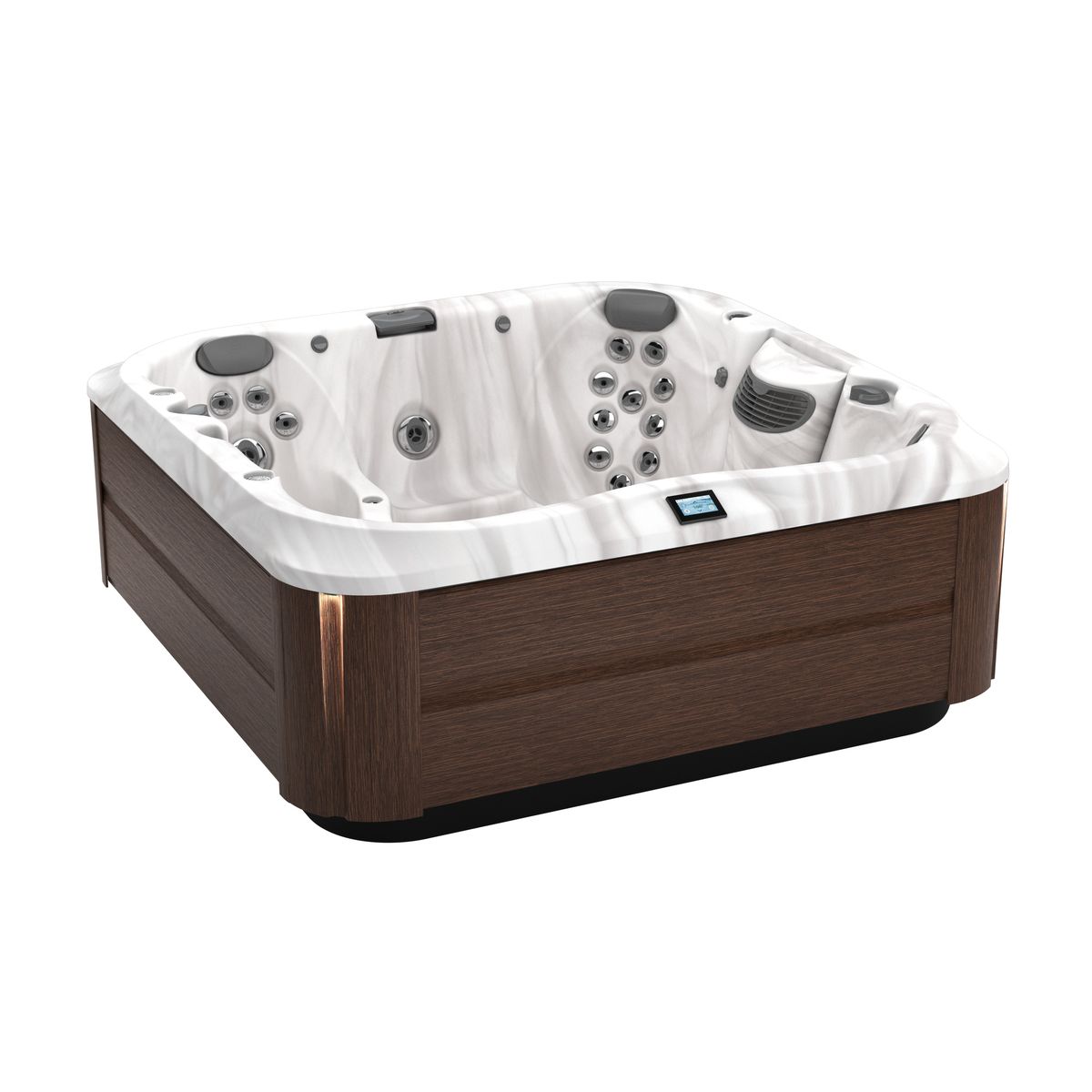 Brown outdoor hot tub with white interior and multiple jets on a plain white background