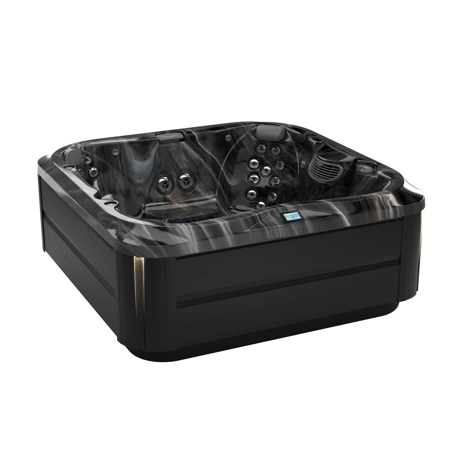 Black square hot tub with marbled gray interior and multiple jets on a white background