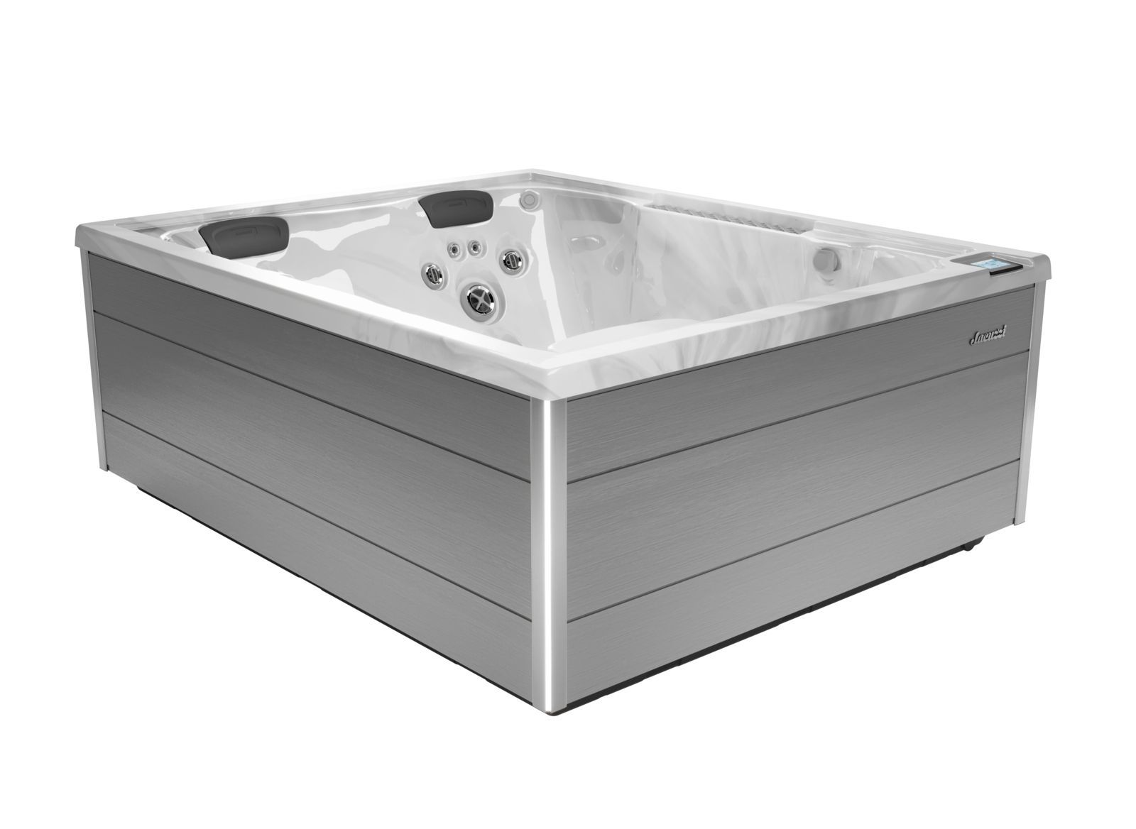 White outdoor hot tub with gray siding and built-in jets, shown on a plain background