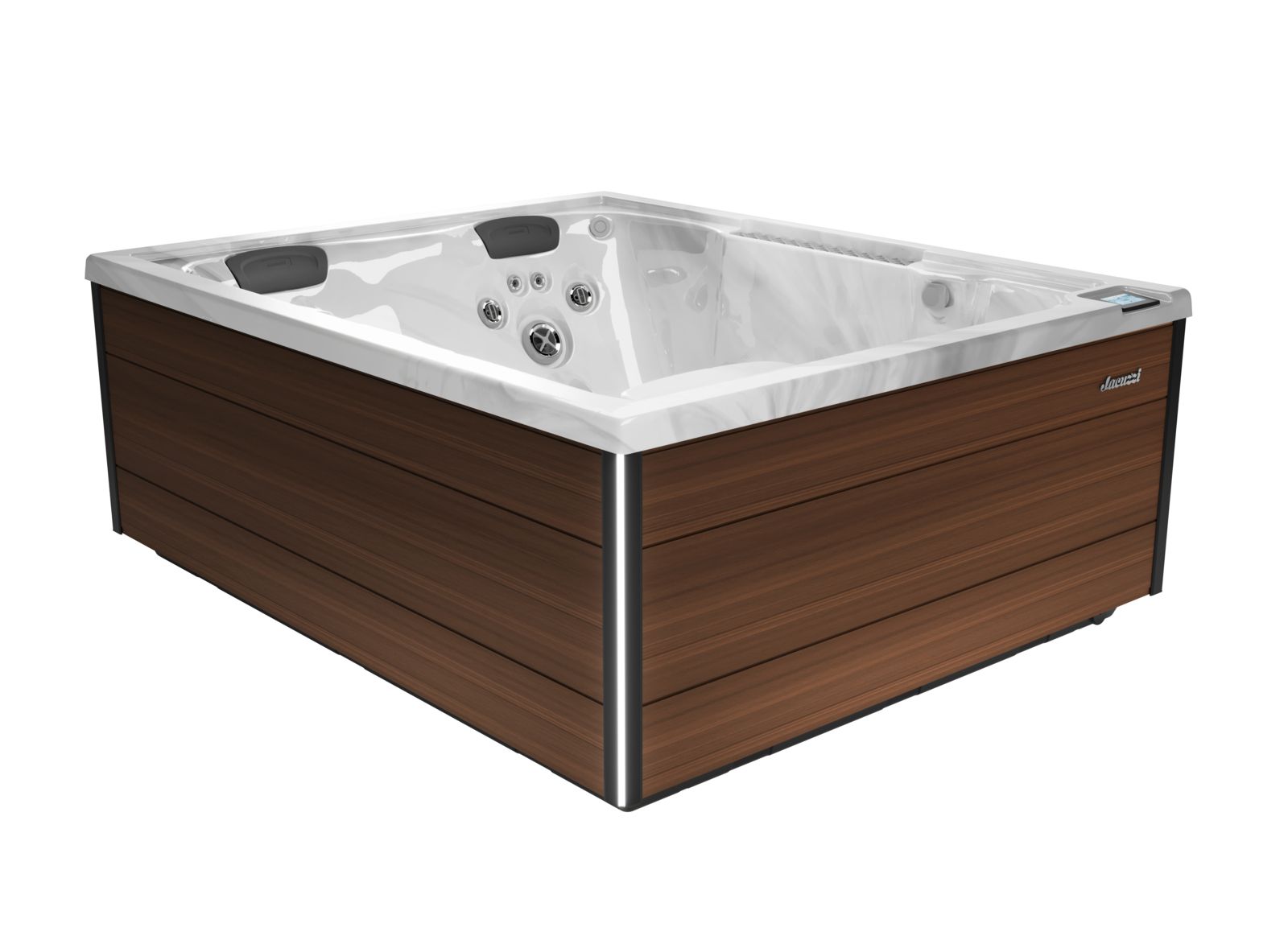 Wood-paneled hot tub with white interior and built-in jets