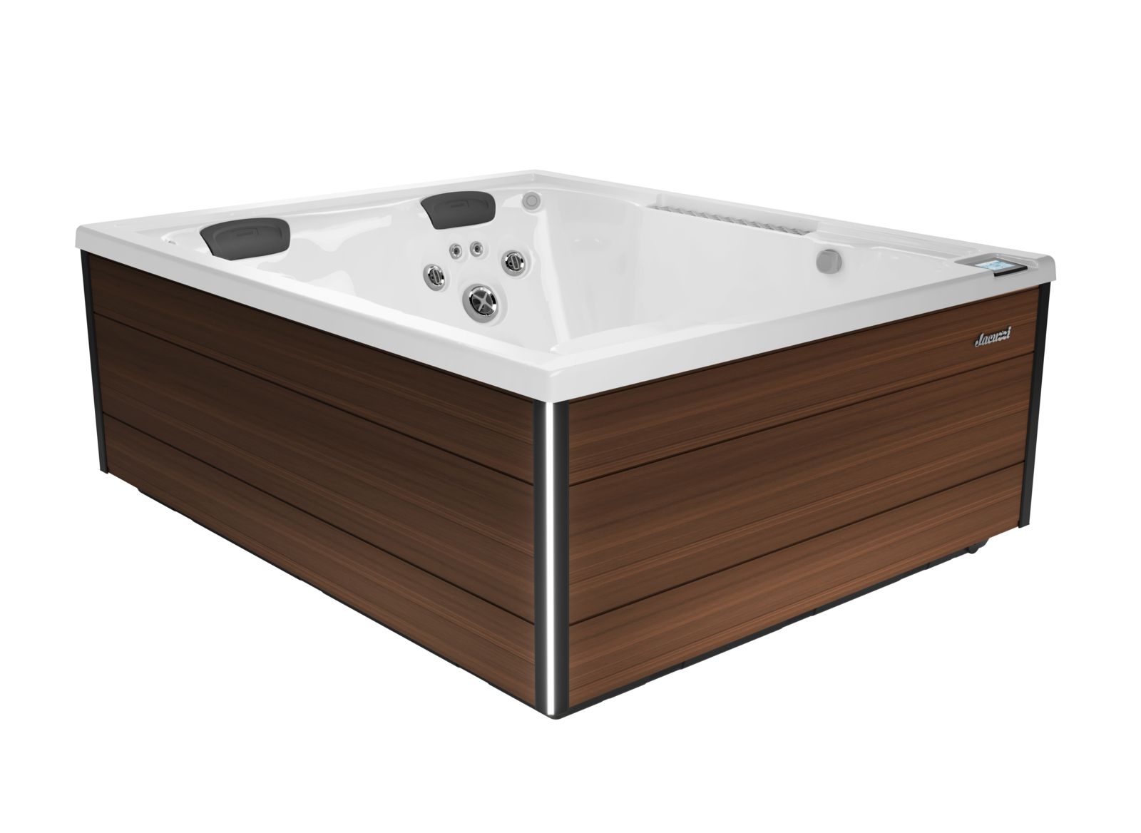 Modern square wooden hot tub with white interior and built-in jets