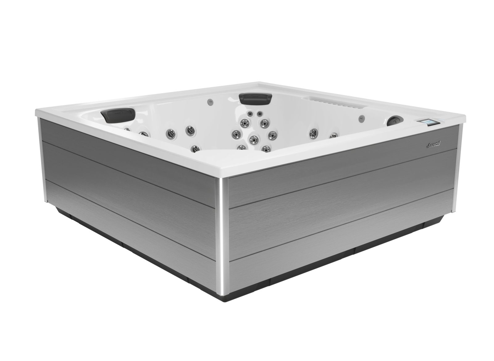 Square gray hot tub with white interior and built-in jets, shown on a white background