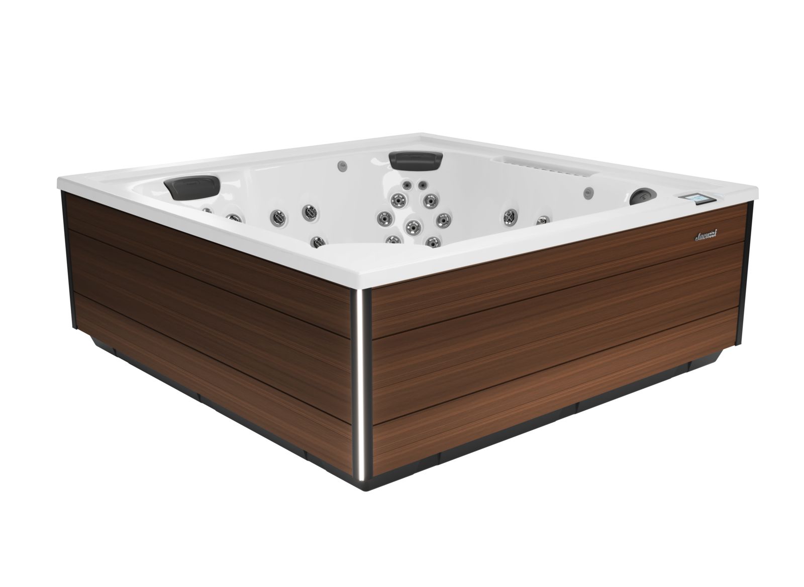 Rectangular wood-paneled hot tub with white interior and multiple jets on a white background