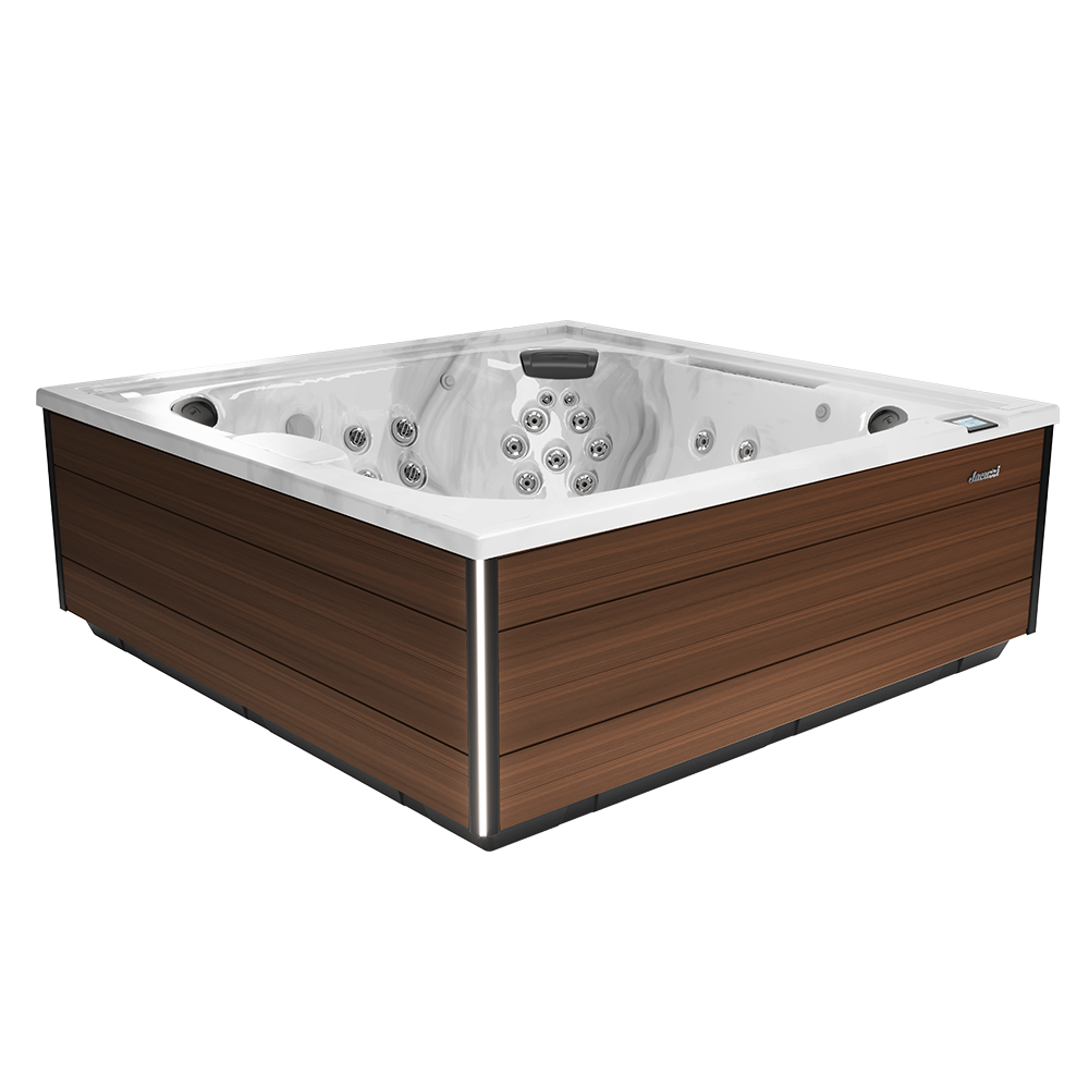 Square wood-paneled hot tub with white interior and multiple jets, shown on a white background
