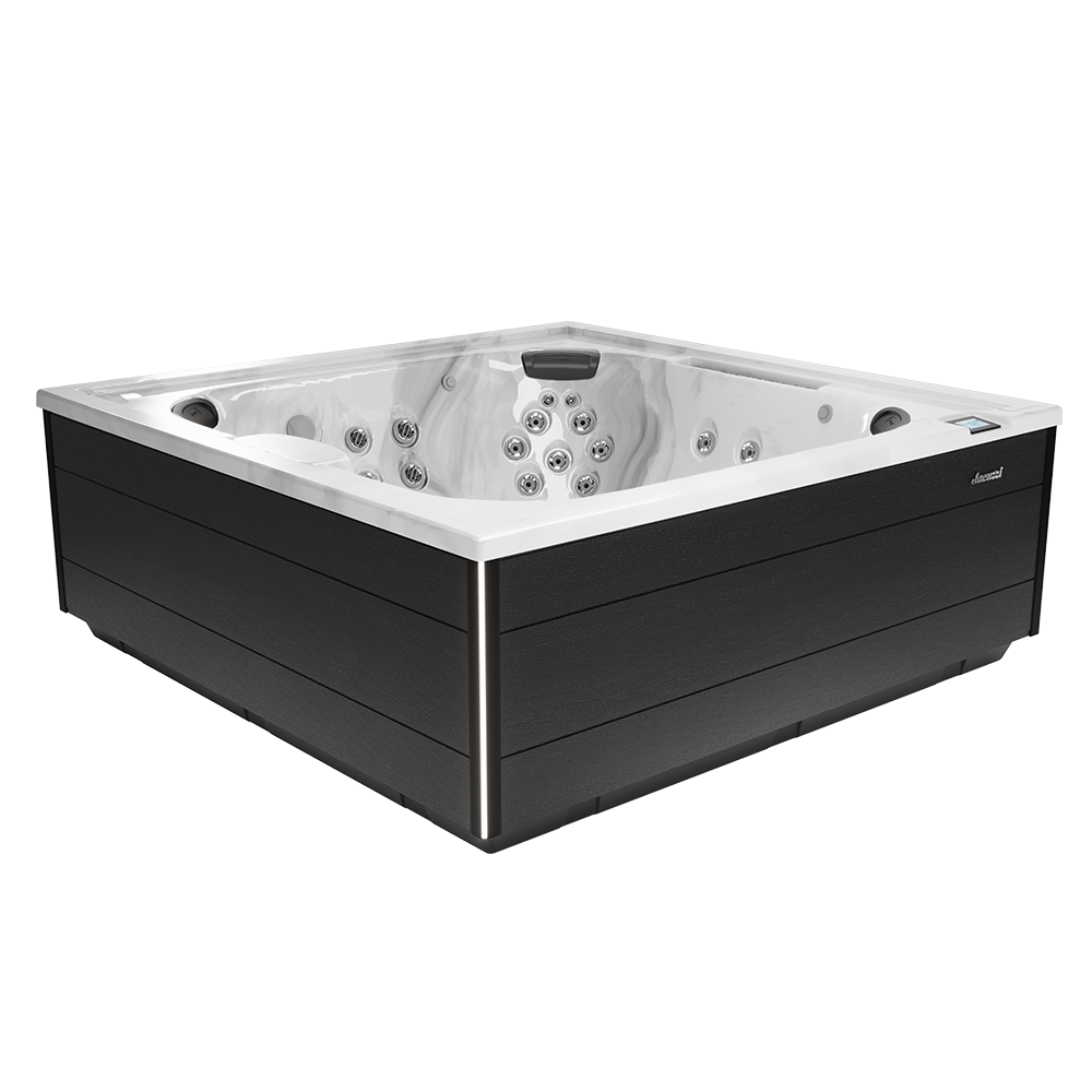White and black corner hot tub with stainless trim and multiple jets on a plain background