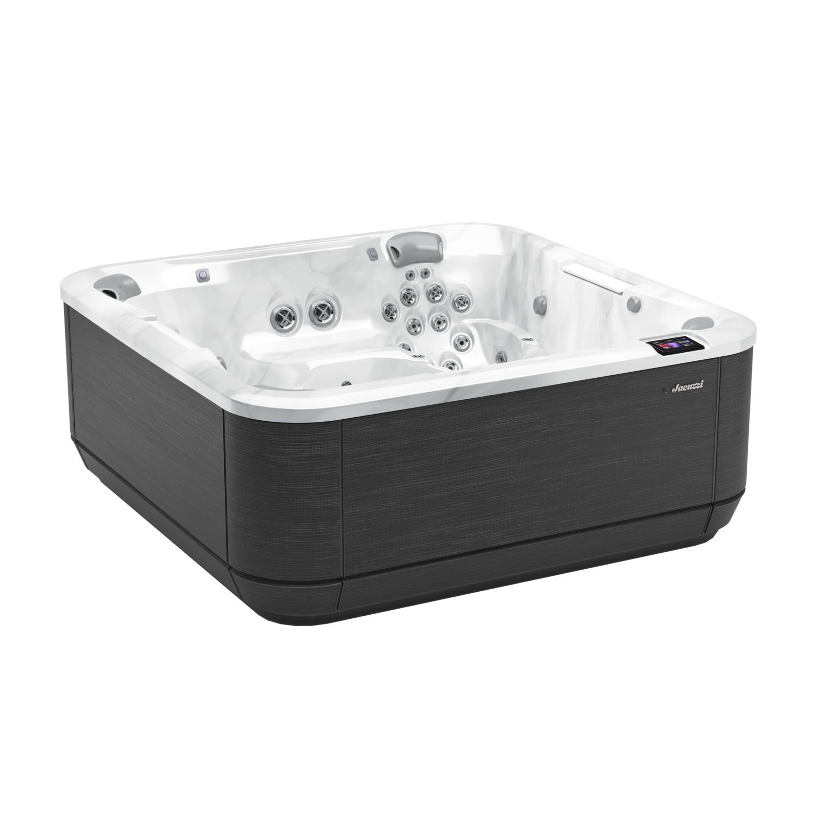 White and black corner hot tub with multiple jets and built-in seats on a white background