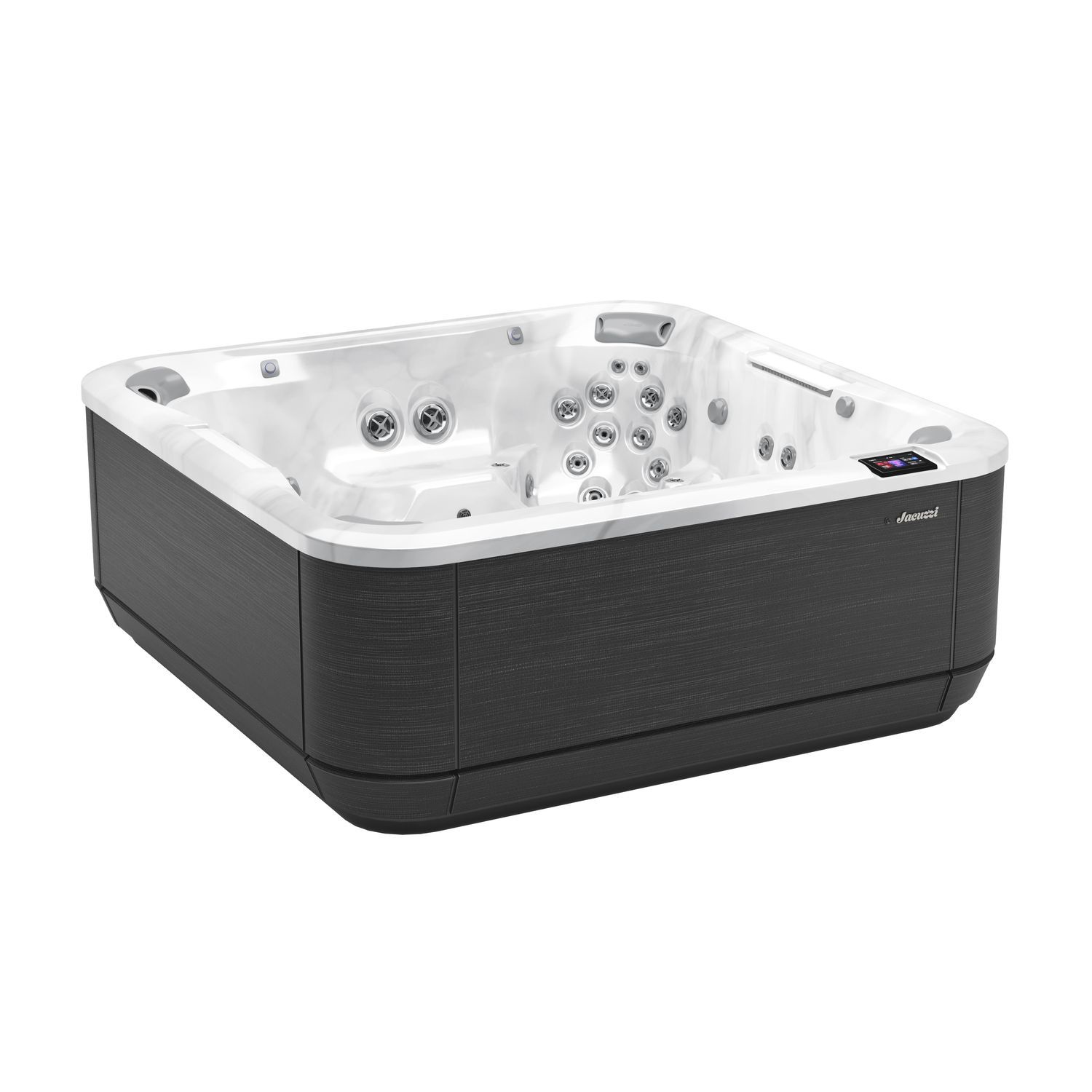 White and black outdoor hot tub with jets, built-in seats, and control panel