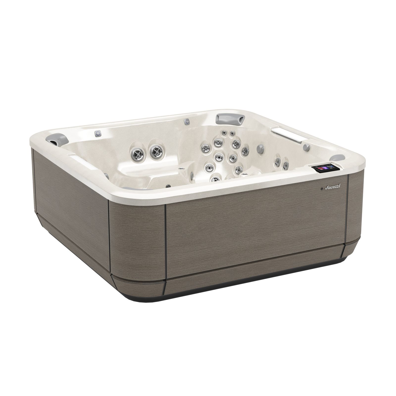Large beige and white outdoor hot tub with multiple jets and built-in seating
