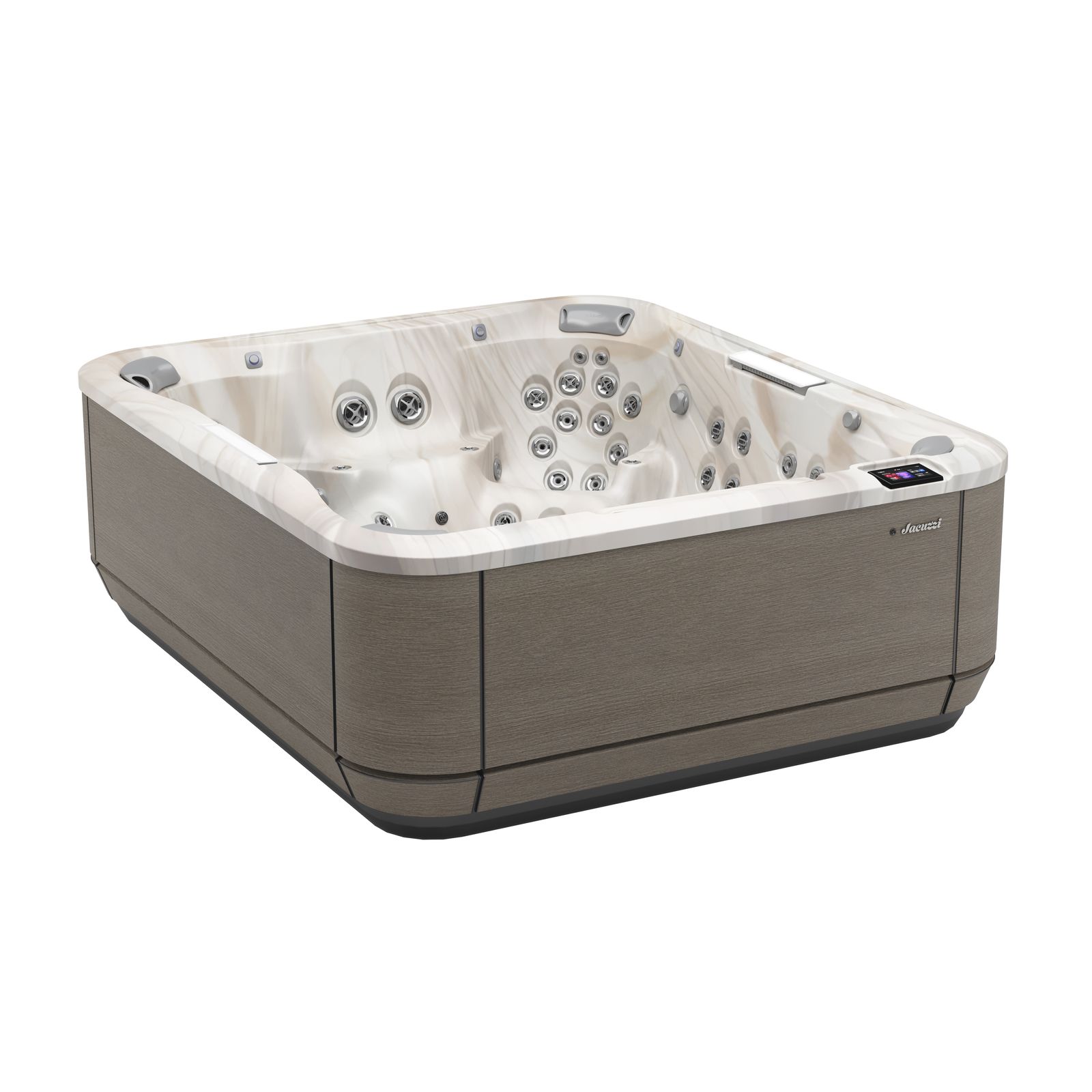 Square beige and white hot tub with multiple jets and padded seating, shown on a white background