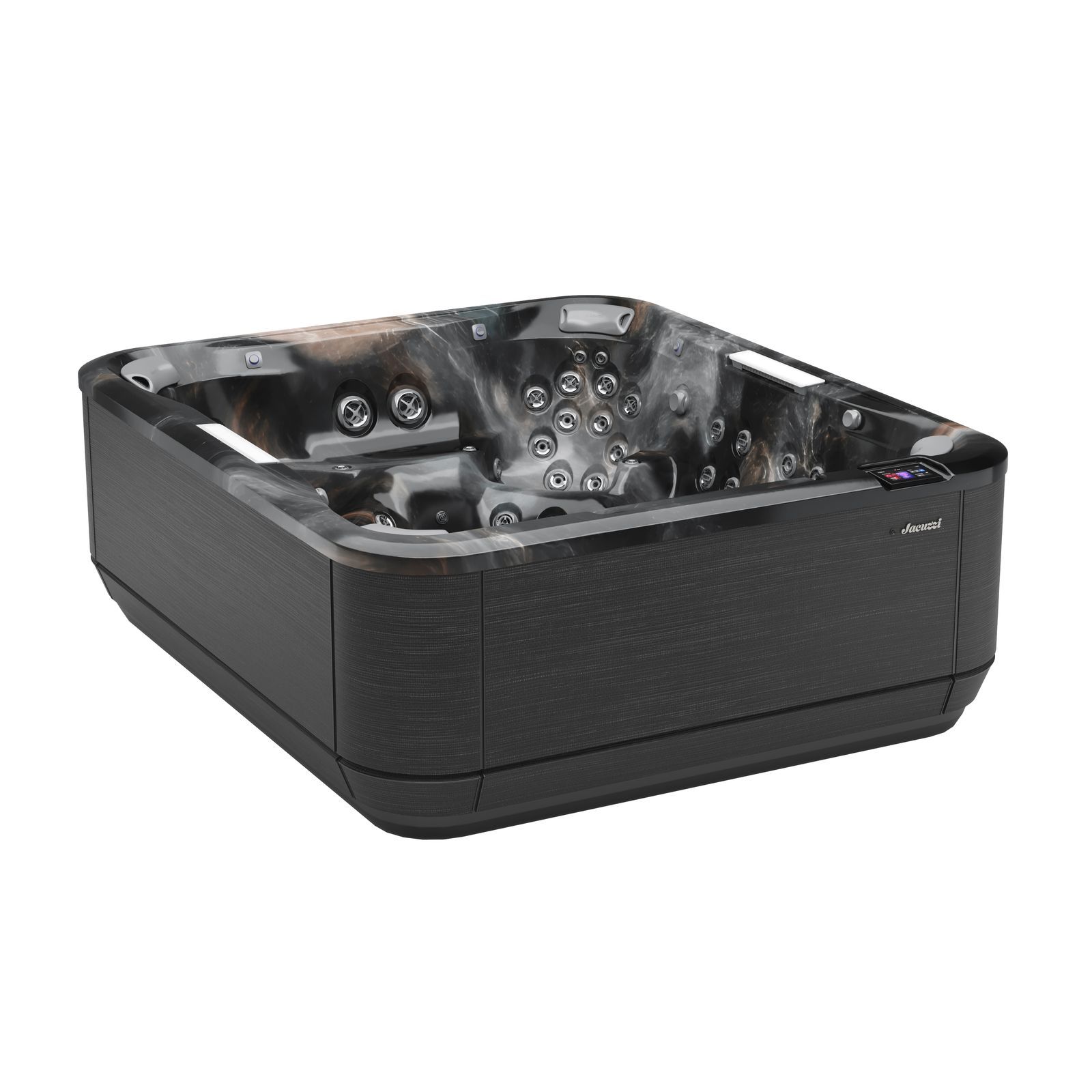 Black rectangular hot tub with seats and jets on a white background