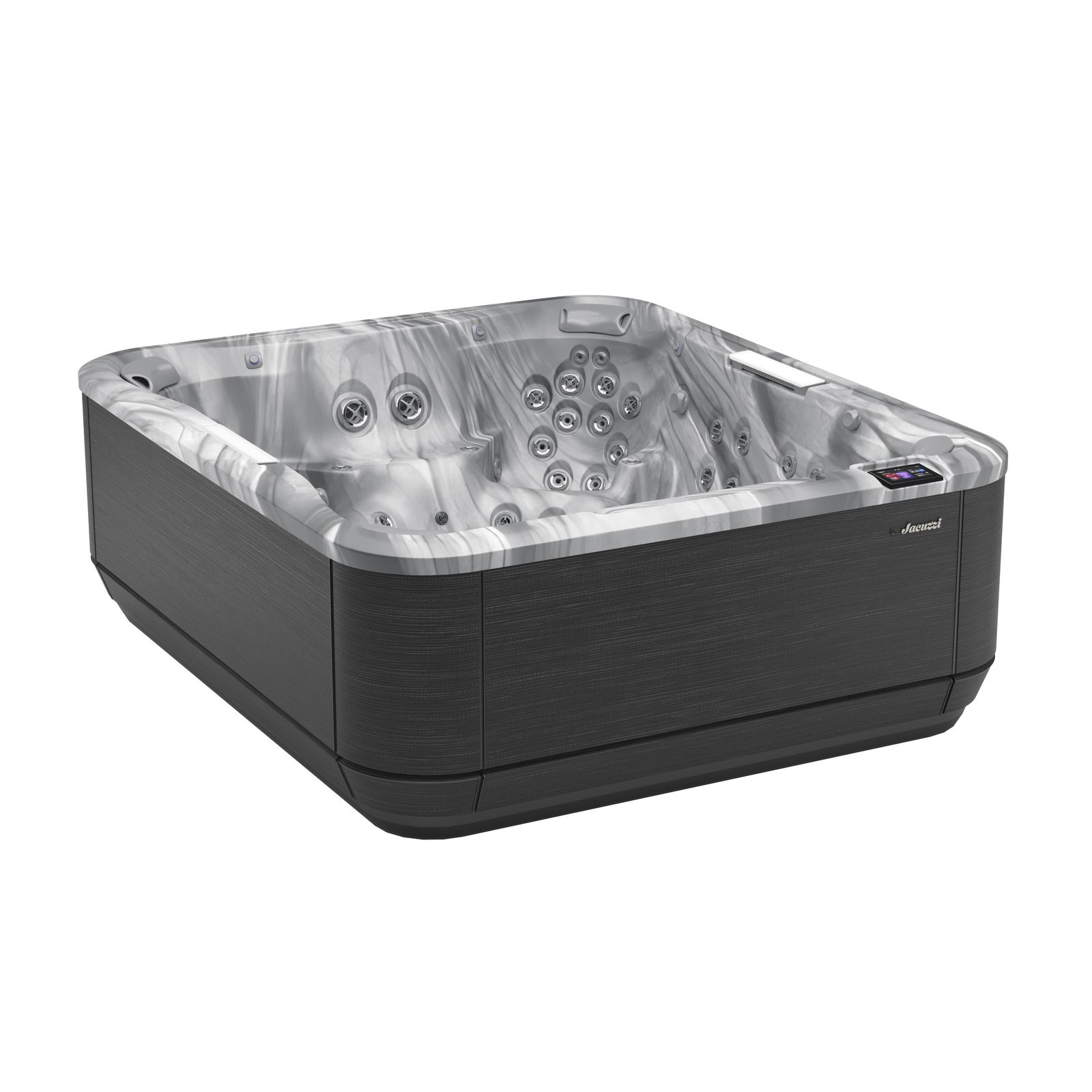 Modern gray hot tub with multiple seats and jets on a white background