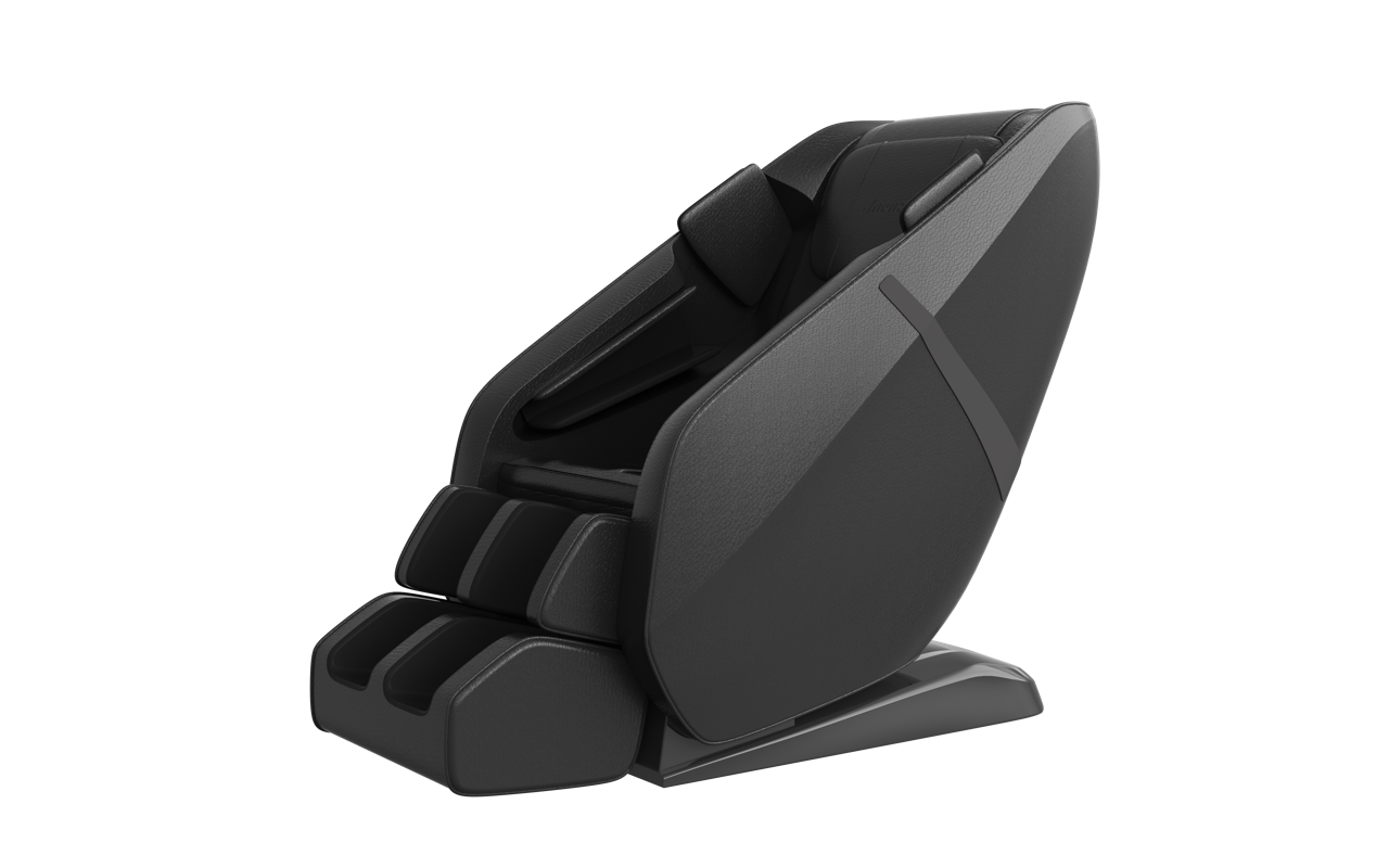 Black massage chair with a reclining seat and footrest on a white background