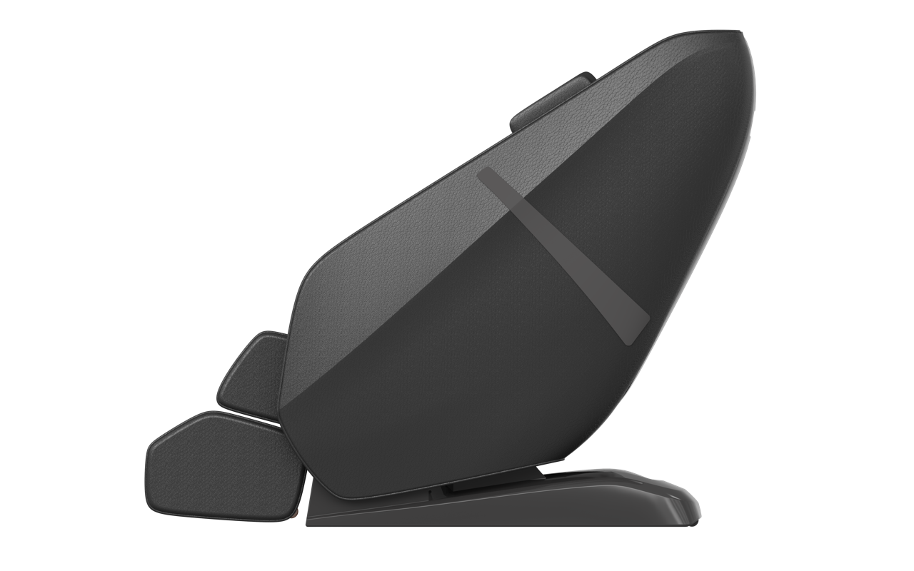 Dark gray ergonomic office chair in side view with a headrest and swivel base