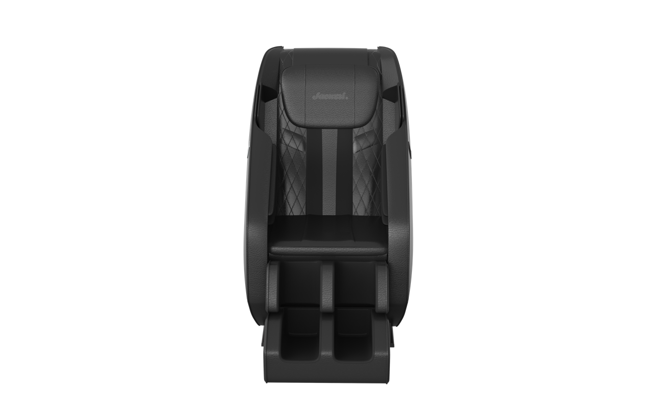 Black and gray foldable device with two front rollers, centered on a white background