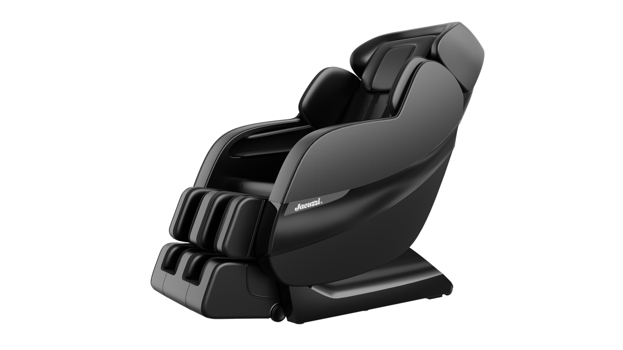 Black massage chair with leg and foot rests, shown in side view on a white background