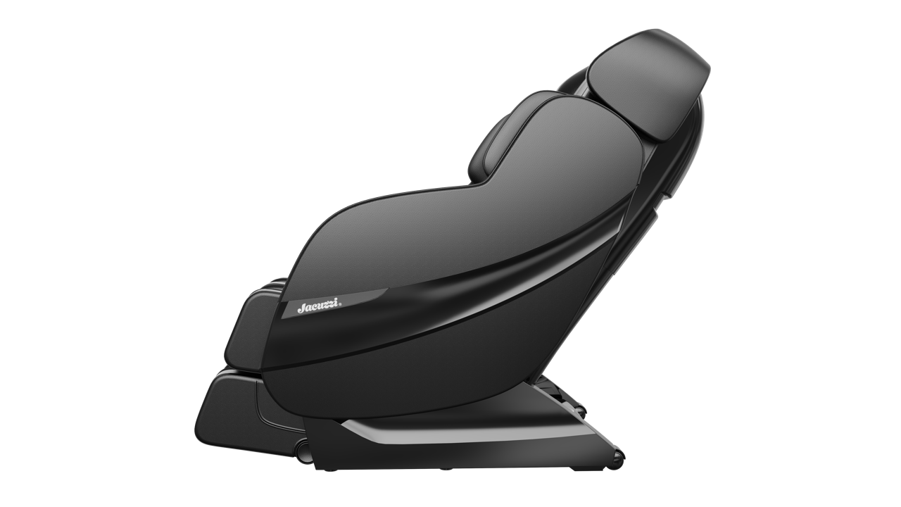 Black reclining massage chair on a base, shown in side view.