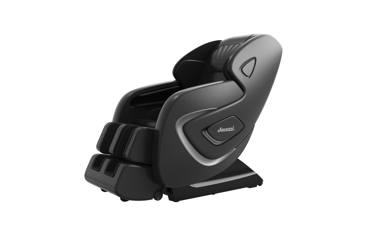 Black massage chair with footrest, shown in side view on a white background