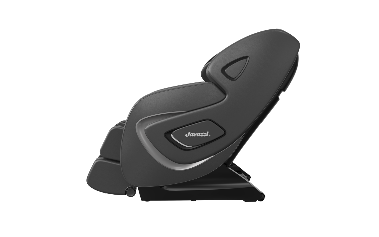 Black ergonomic reclining massage chair on a white background