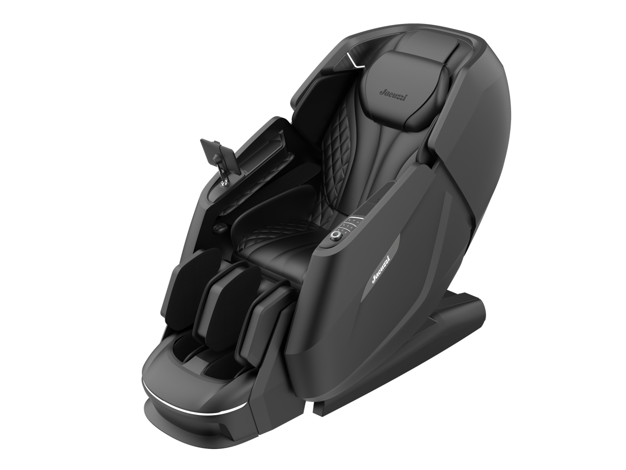 Black futuristic massage chair with armrests and footrest on a white background