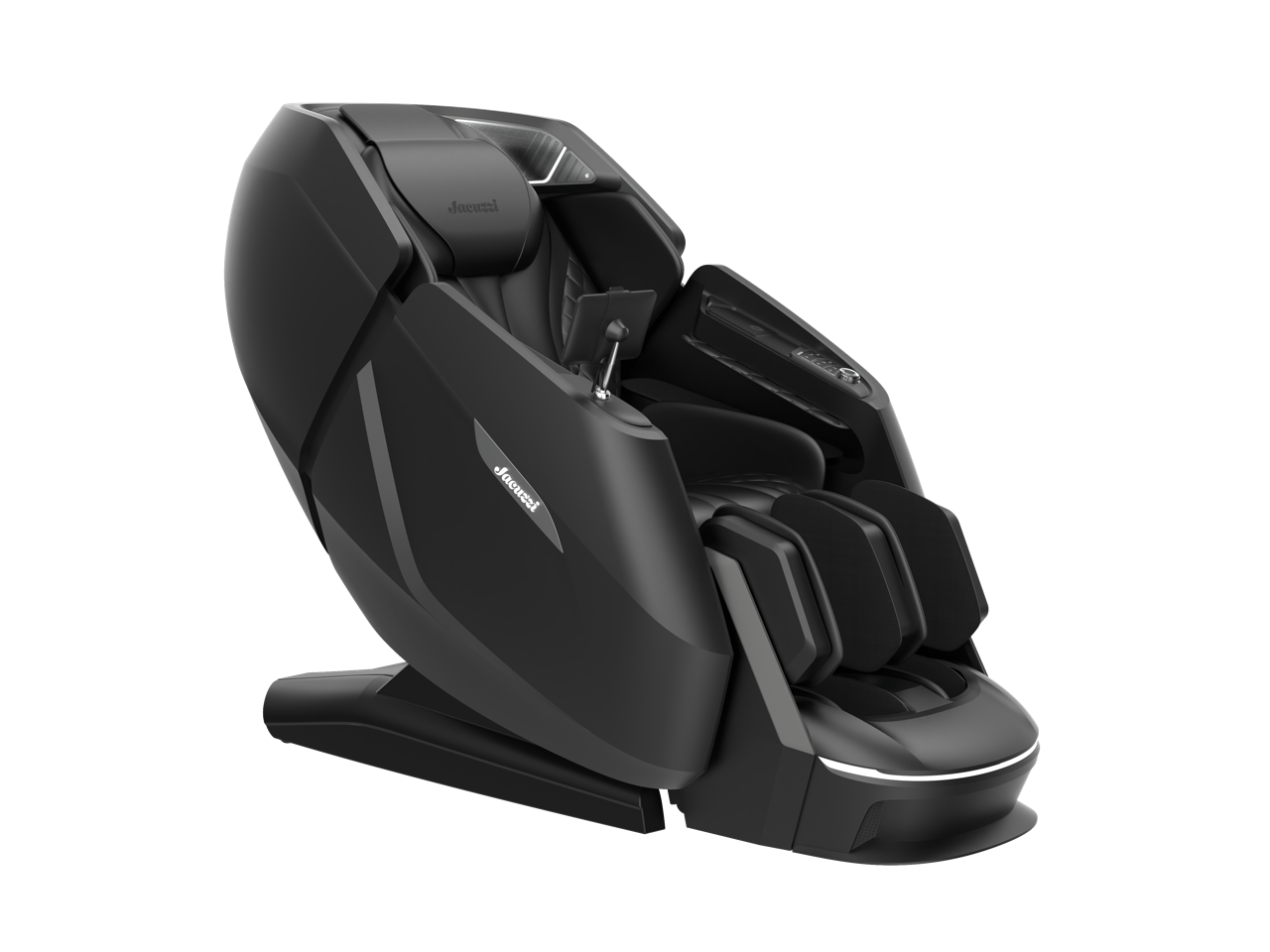Black reclining massage chair with footrest, shown in side view.