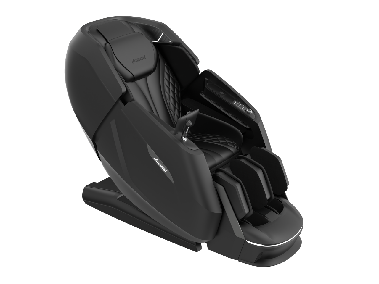 Black massage chair with footrest, angled in a sleek modern design