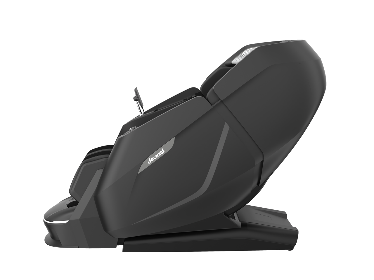 Black reclining massage chair on a base, shown in side view on a white background