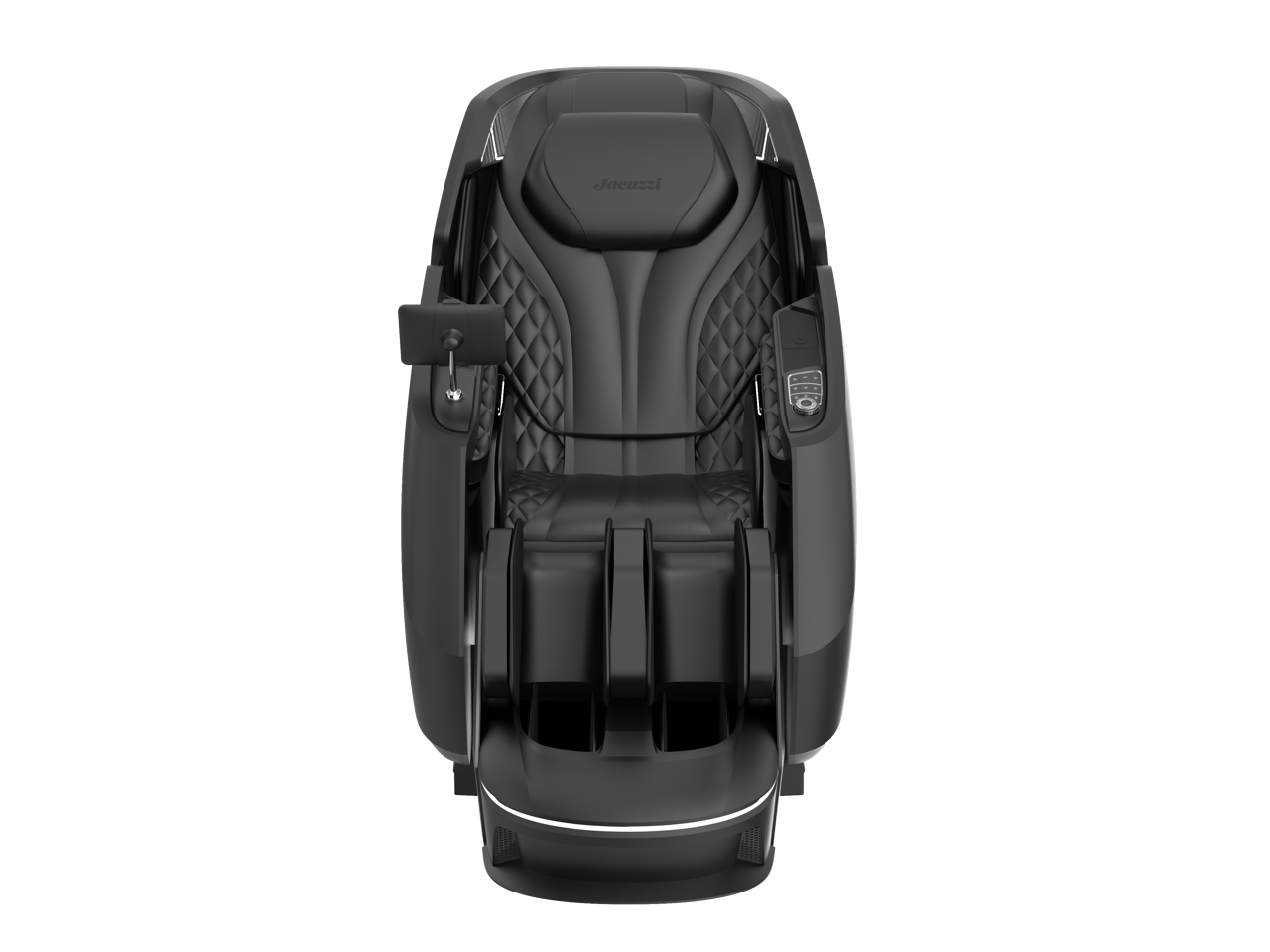 Black massage chair viewed from above, with padded armrests and leg rollers