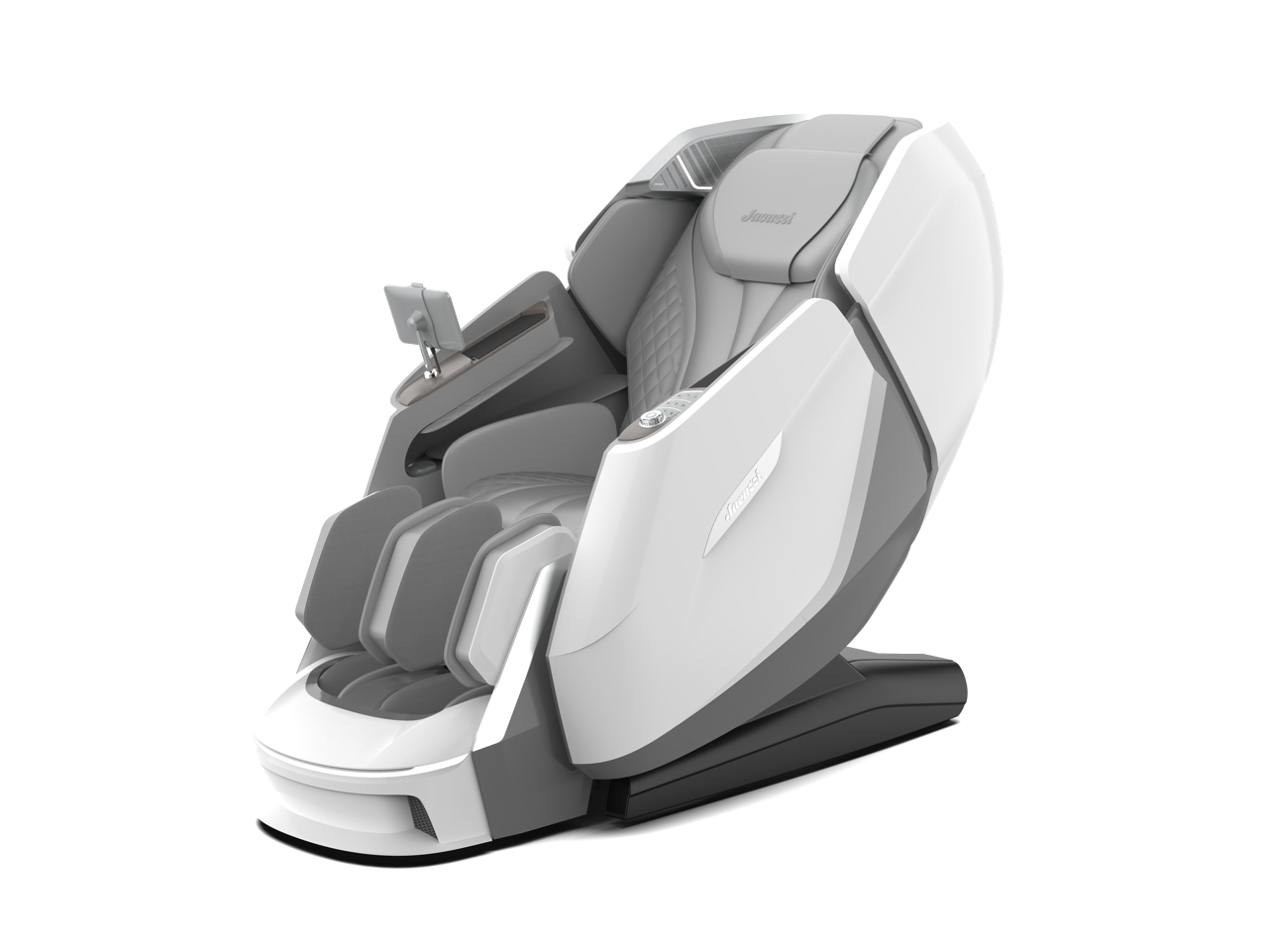Futuristic gray and white reclining massage chair on a black base
