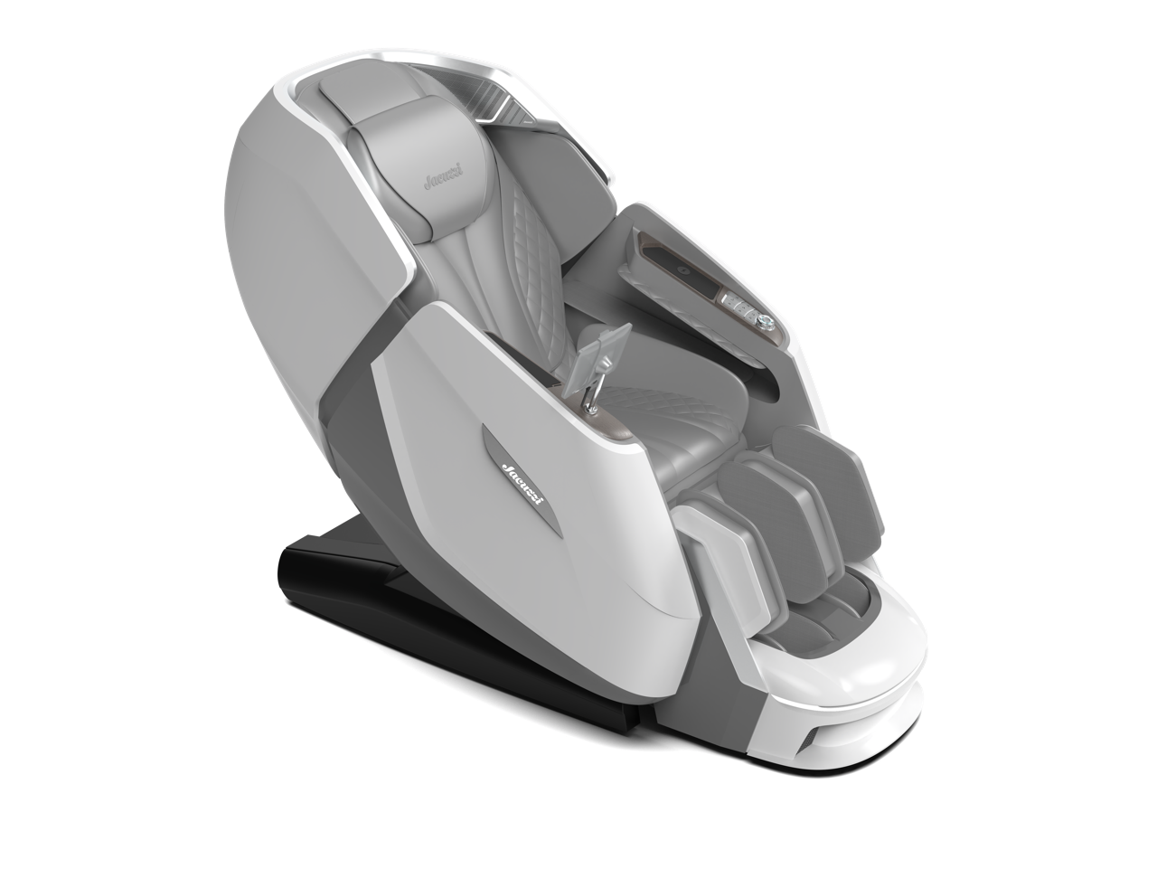 Modern gray-and-white massage chair reclined on a black base