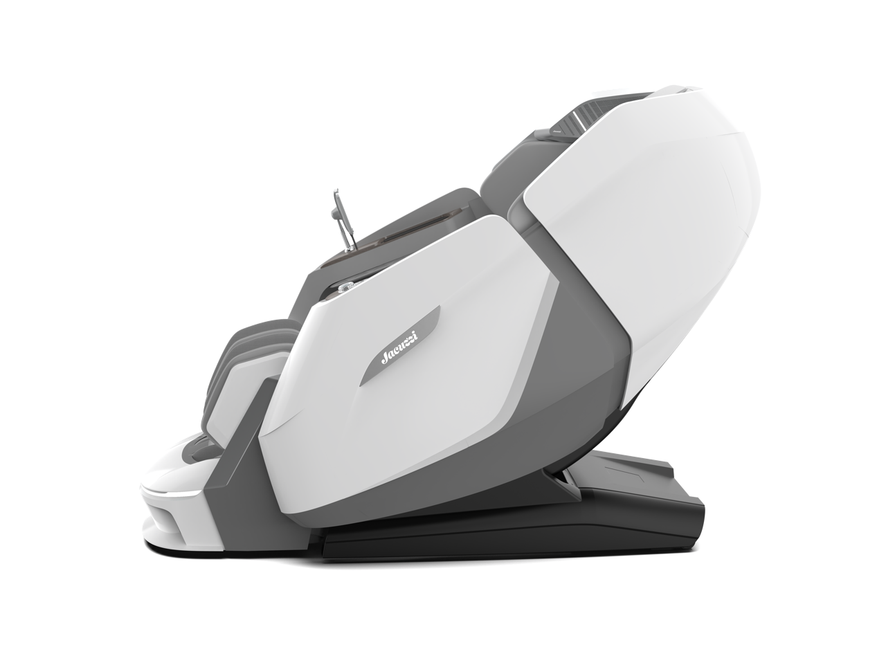 Futuristic white and gray medical massager chair angled on a white background